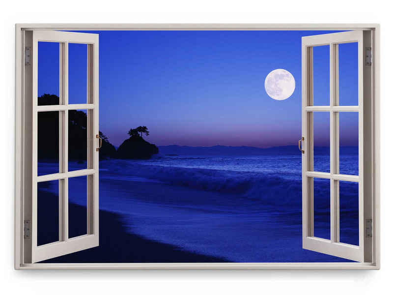 Sinus Art Leinwandbild Wandbild 120x80cm Fensterbild Strand Nacht Meer Dunkelblau Blau Vollmo, (1 St)