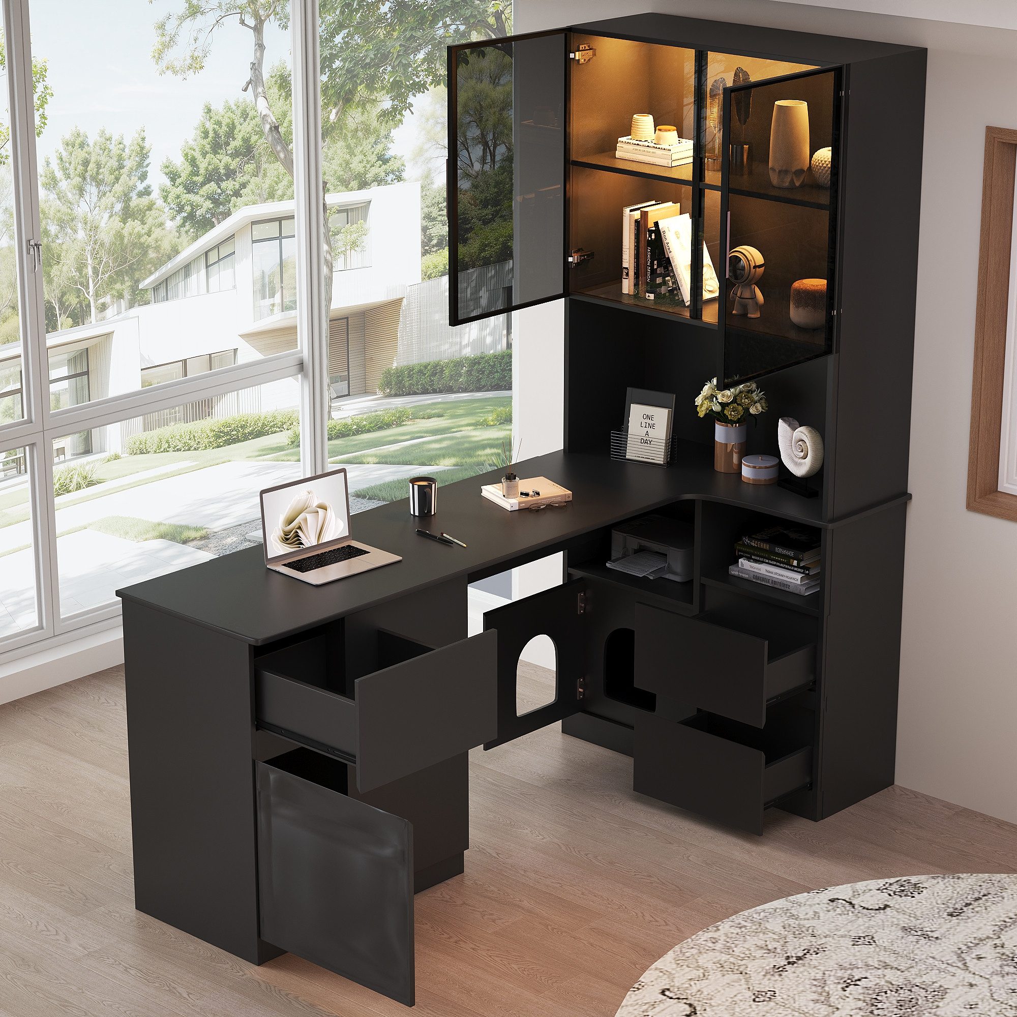 MODFU Hochschrank Eckschreibtisch mit LED-Vitrine (Ecktisch, Highboard, 1-St., 3 Schubladen, 4 Türen, offenen Fächern, Haustierfach) mit Kabeldurchlass, eingebautem Bücherregal