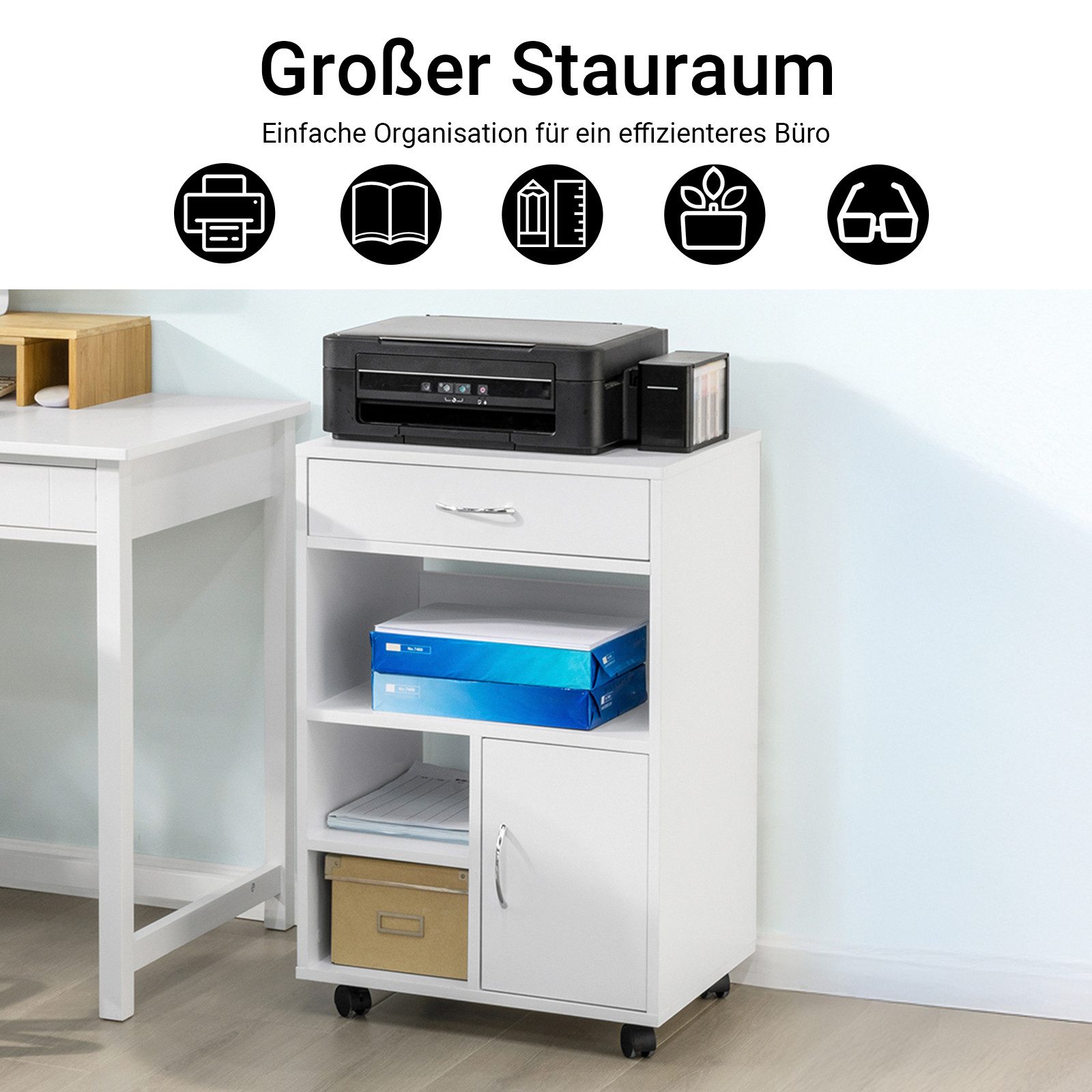 SoBuy Druckertisch FBT106, Druckerständer Schreibtisch Unterschrank Beistelltisch, mit Schublade und Tür Aktenschrank Rollcontainer mit Fächern Bürowagen