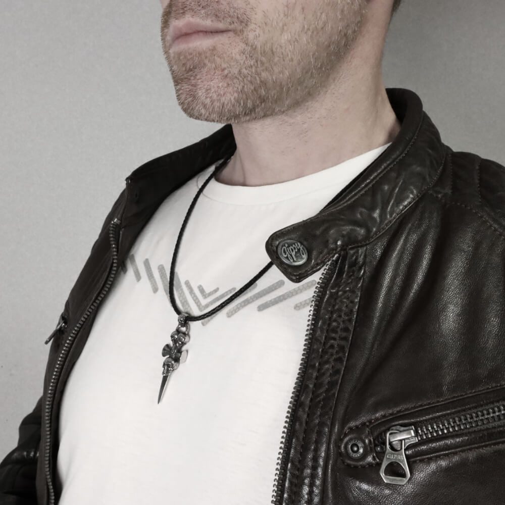 DALMARO Kette mit Anhänger Lederkette Edelstahlkette 316L TODES DOLCH, Herren Halskette Biker / Wikinger Kette - Schmuckbox