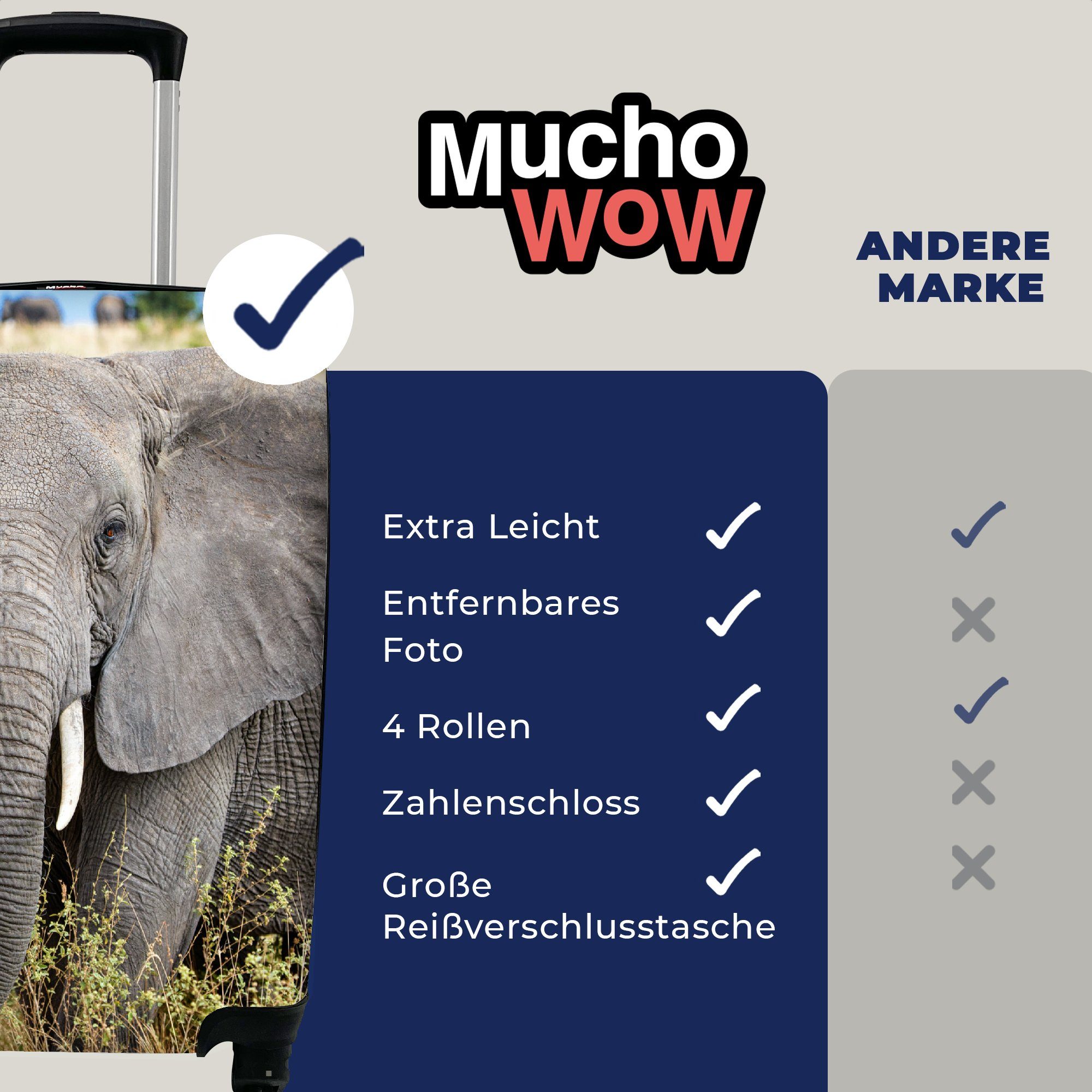 Reisekoffer Reisetasche Rollen, Gras Elefant Tiere 4 MuchoWow Handgepäckkoffer - Ferien, für Handgepäck - - Natur, Trolley, mit rollen,
