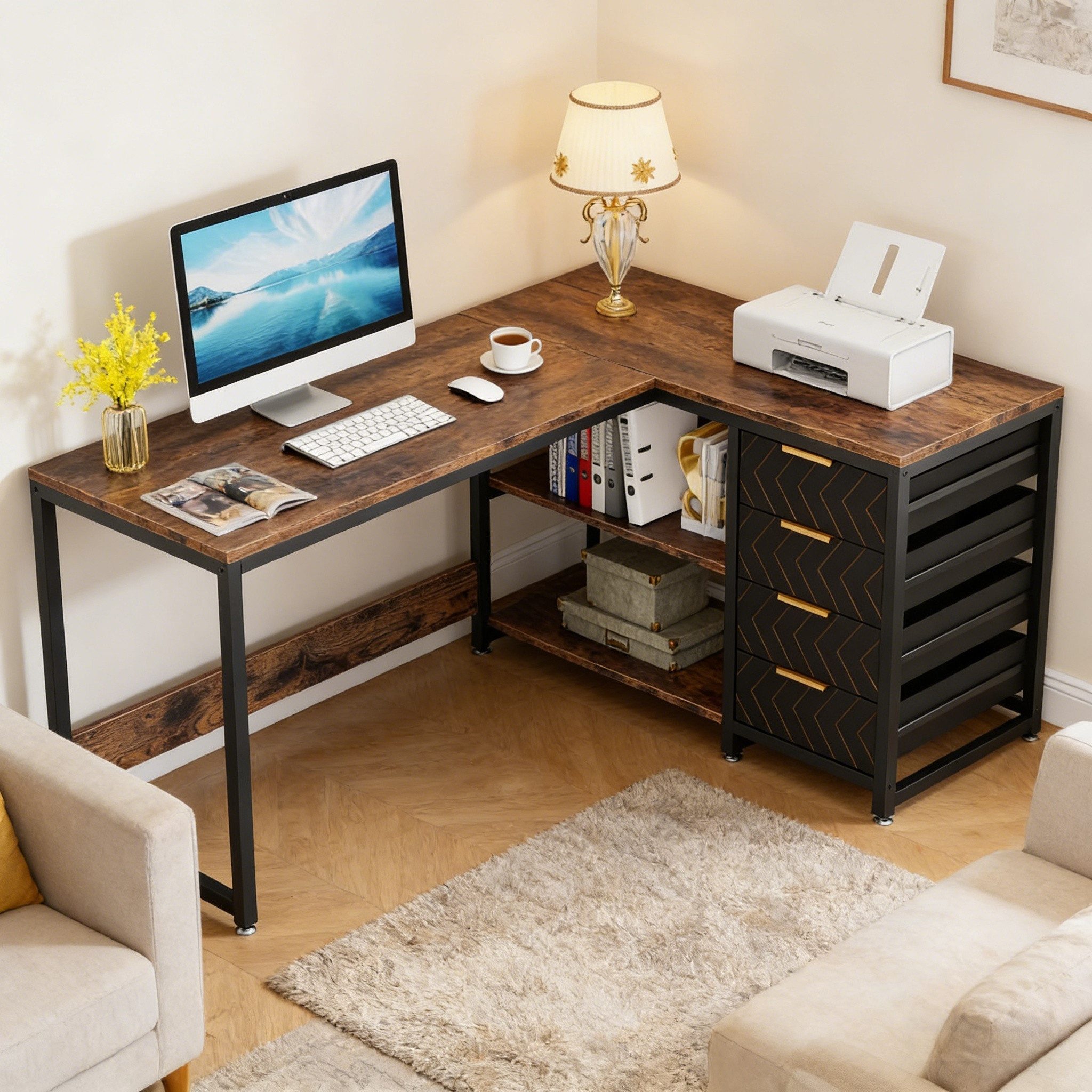 Celya Eckschreibtisch Schreibtisch mit Regalen, L-förmiger Computertisch mit 4 Schubladen