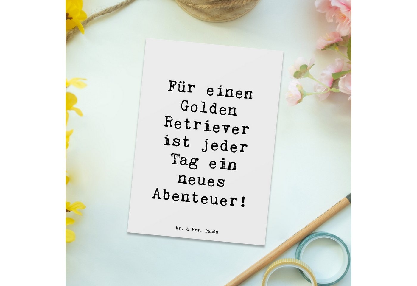 Thumbnail - Mr. & Mrs. Panda Postkarte Spruch Golden Retriever Abenteuer - Weiß - Geschenk, Hundeliebhaber