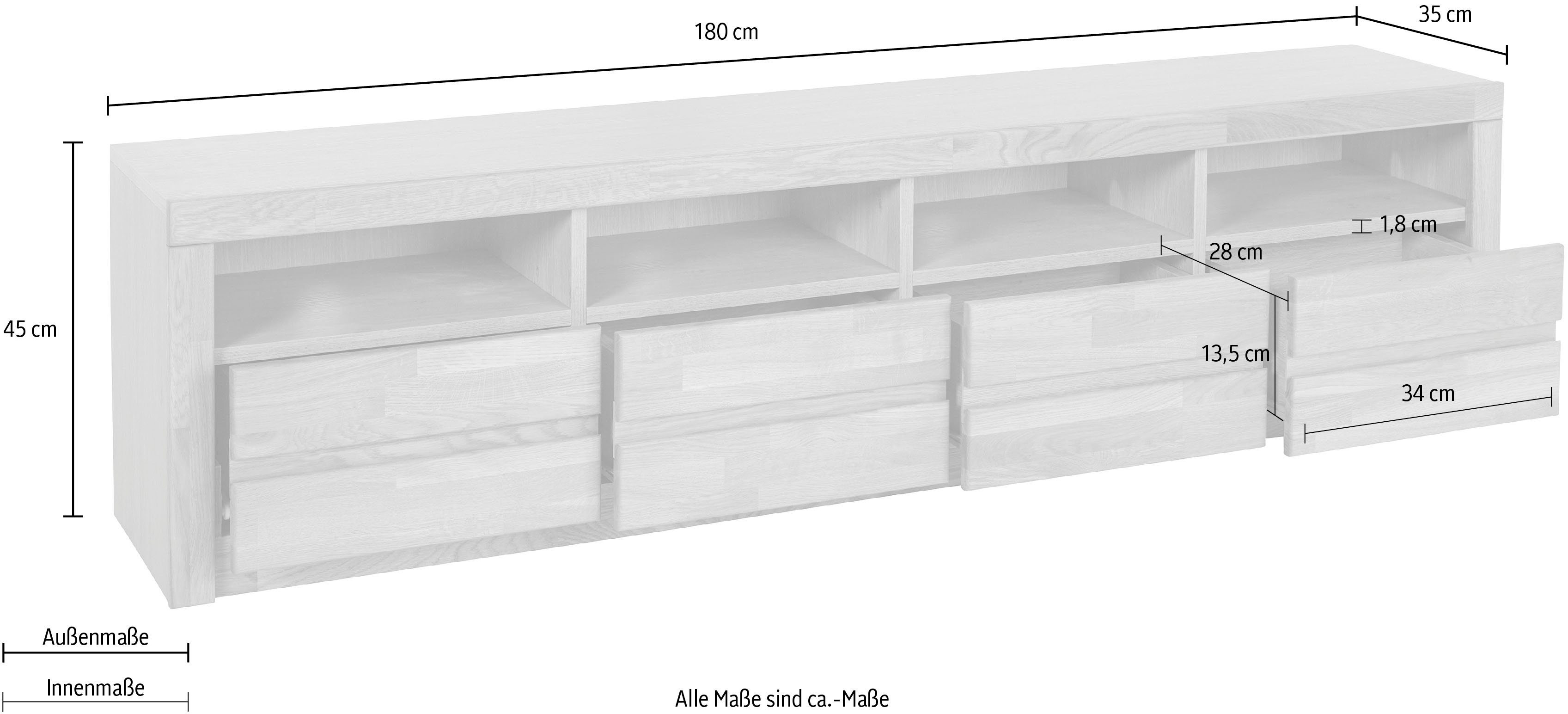 cm Lowboard 180 | Woltra schöne teilmassiv Eiche Silkeborg, grifflose Optik,Breite Eichefarben