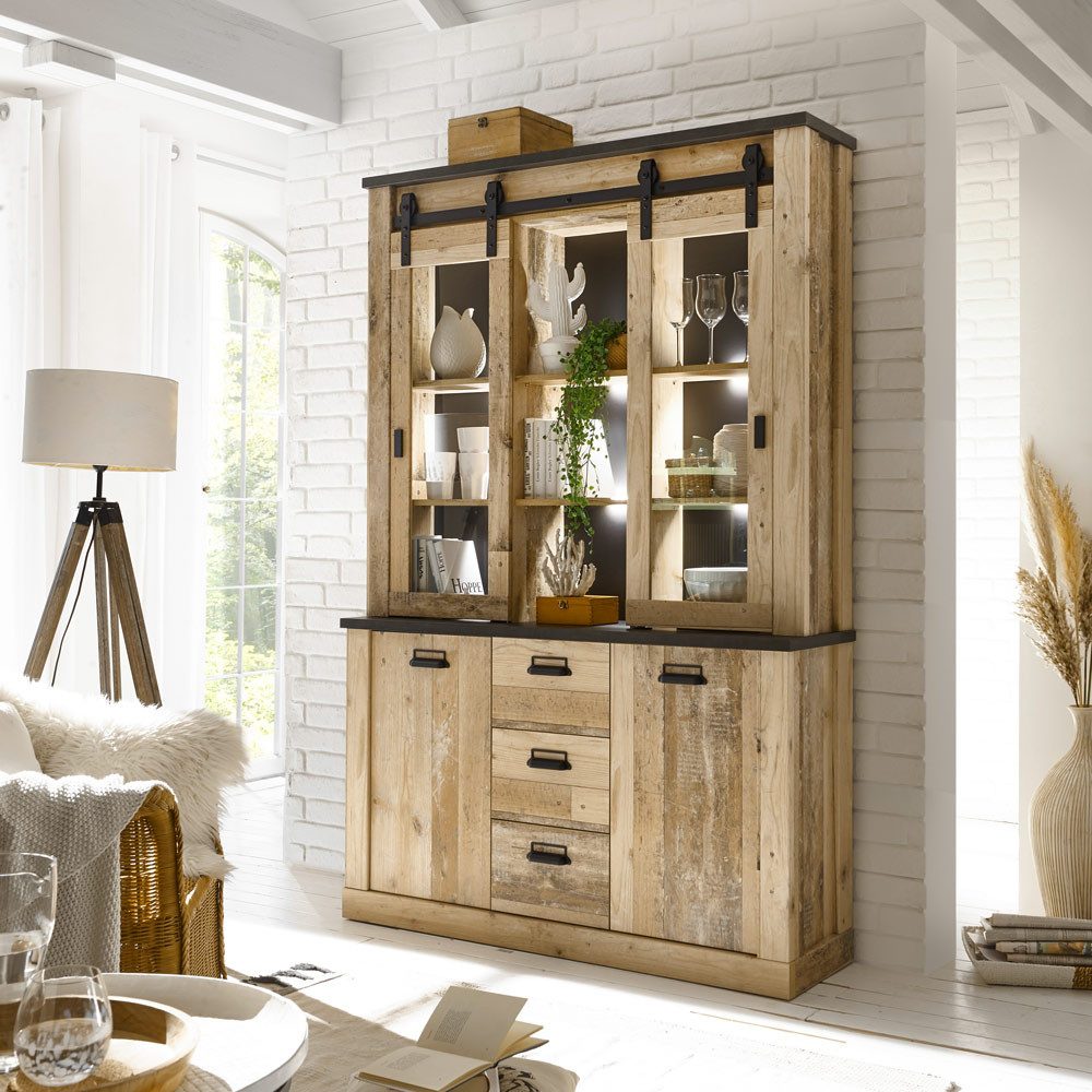 Lomadox Buffet SHELTON-61 Old Style hell Nb. mit anthrazit 133/201/38 cm