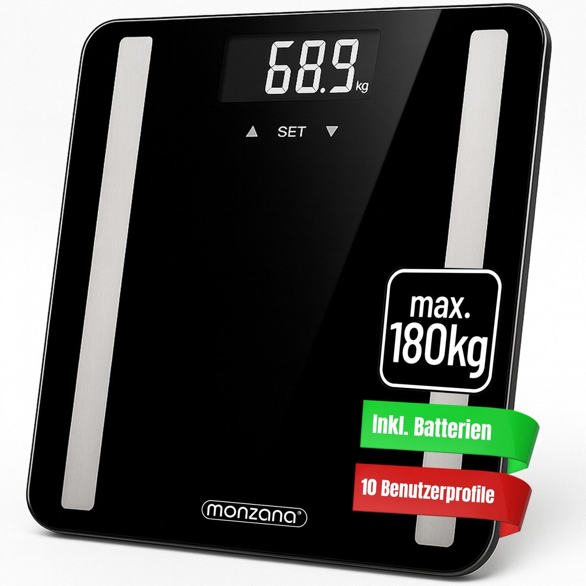 monzana Körper-Analyse-Waage, Personenwaage Digital 10 Nutzer Körperwaage bis 180kg Körperfettwaage