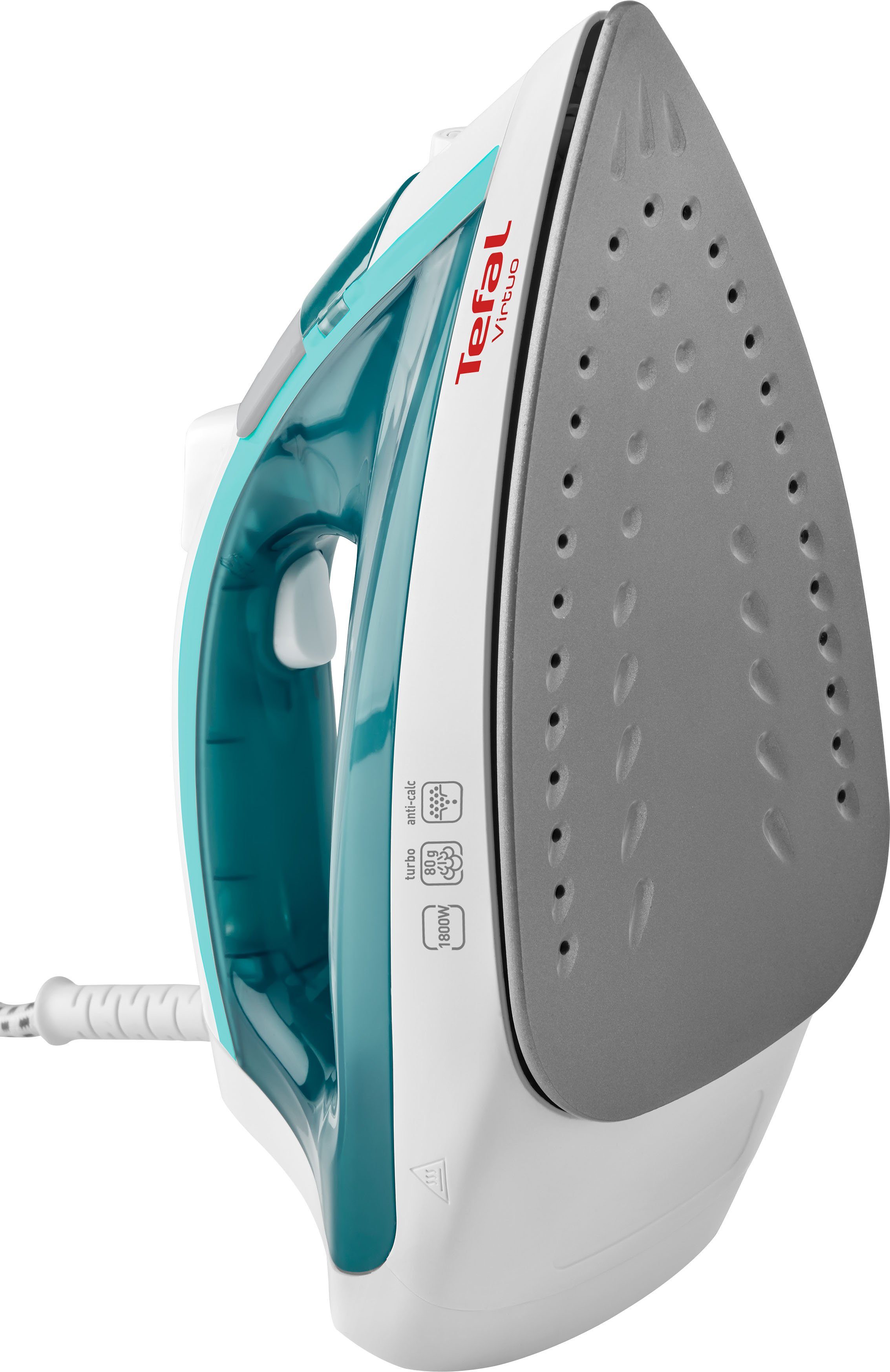 Tefal Dampfbügeleisen FV1710 Virtuo, 1800 Watt, 80 g/Min. Dampfstoß, 1800 W, 20 g/Min. kontinuierlicher Dampf, Antihaft-Bügelsohle, weiß/türkis