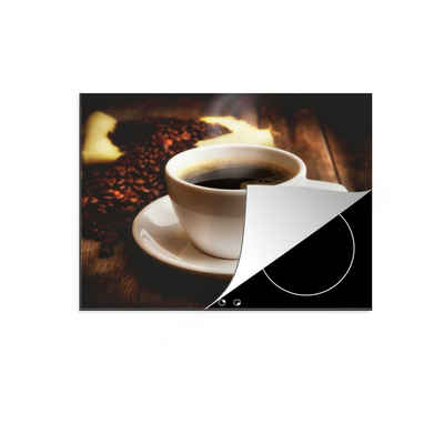MuchoWow Herdblende-/Abdeckplatte Eine heiße Tasse Kaffee mit Kaffeebohnen, Vinyl, (1 tlg), 65x52 cm, Mobile Arbeitsfläche nutzbar, Ceranfeldabdeckung