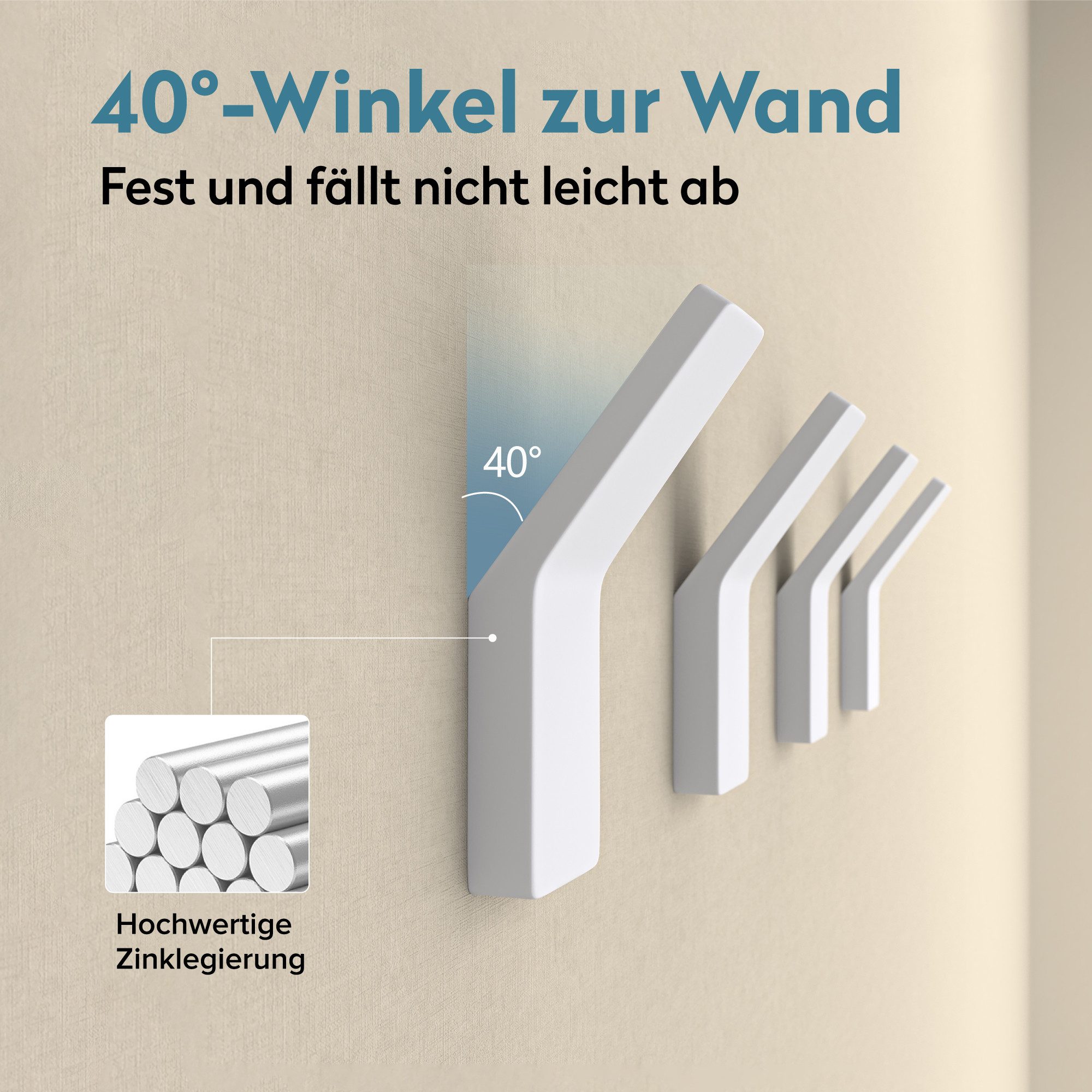 doporro Wandhaken Handtuchhaken Klebehaken aus Zinklegierung ohne Bohren Stalo-13, (4-St), 40° Wandneigung, Zinklegierung in einem Stück gegossen