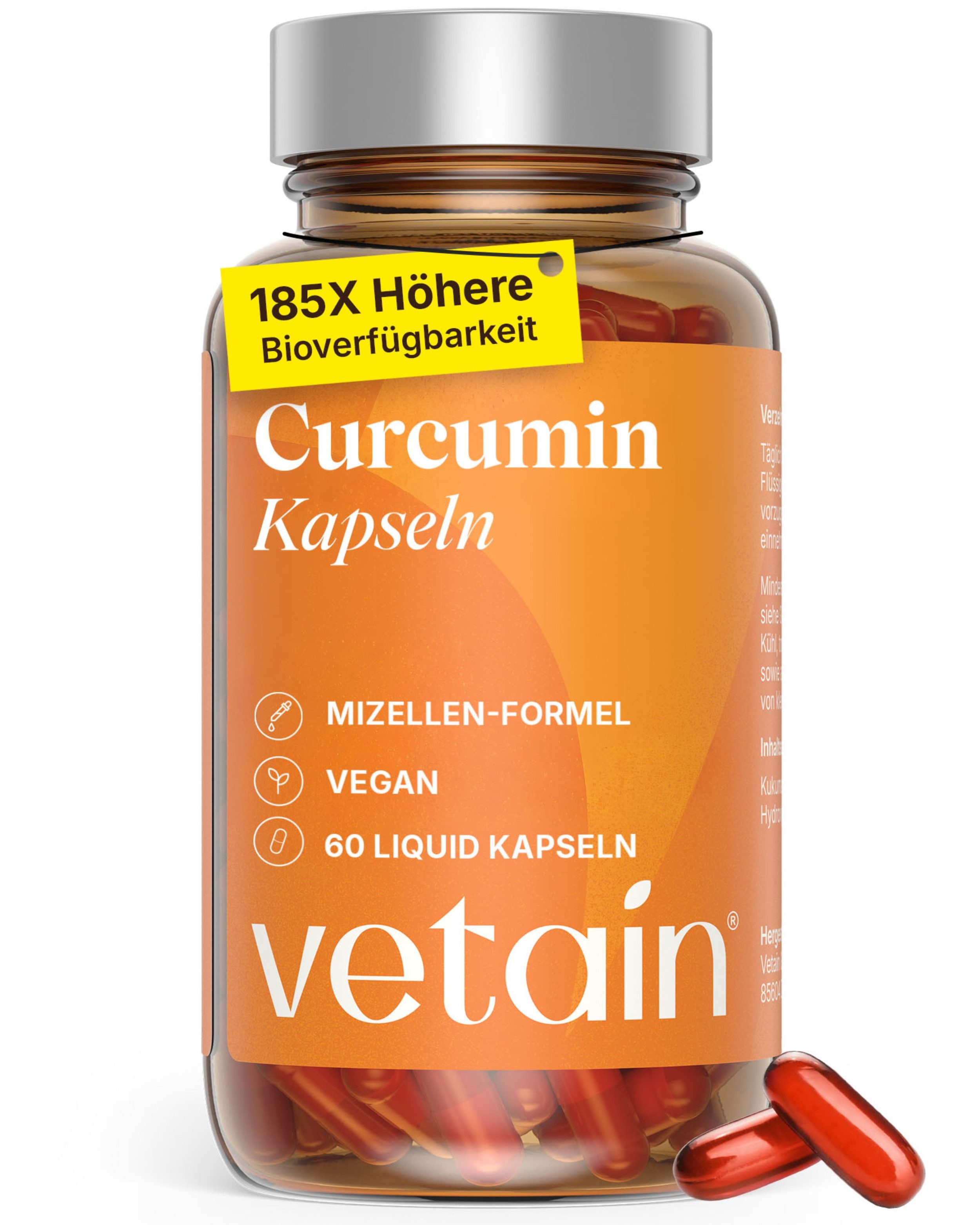 VETAIN Kurkuma Extrakt - 185x höhere Bioverfügbarkeit - Mizellen-Technologie Kapseln, Flüssig-Kapseln à 60 St., 36 g, Optimierte Mizell-Form