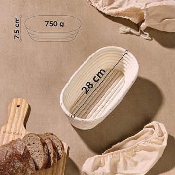Praknu Gärkorb Für Brot Oval länglich 28 cm - Gärkörbchen für Brotteig zum Brotbacken, Aus nachhaltigem Rattan - Geruchsneutral - Mit Backutensilien