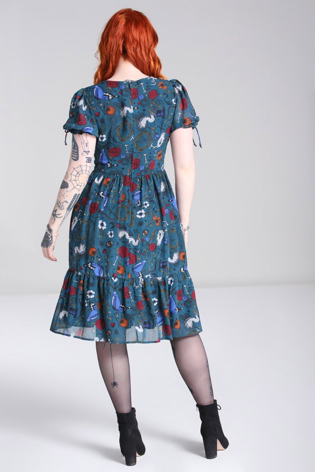 Hell Bunny A-Linien-Kleid Sianna Midi Dress Teal Vintage Retro Blumen Druck