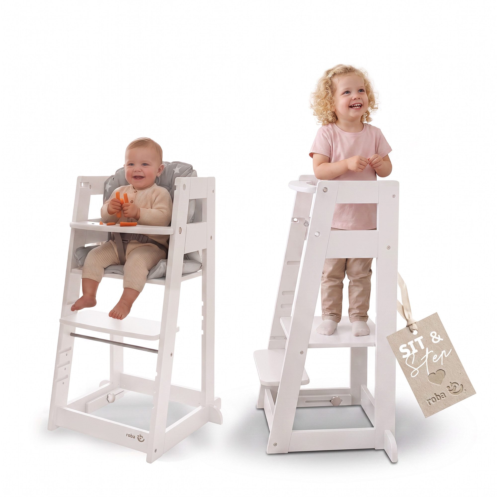 roba® Hochstuhl & Lernturm "2 in 1 Sit & Step" - Aus Holz - Montessori, mit Kippschutz -