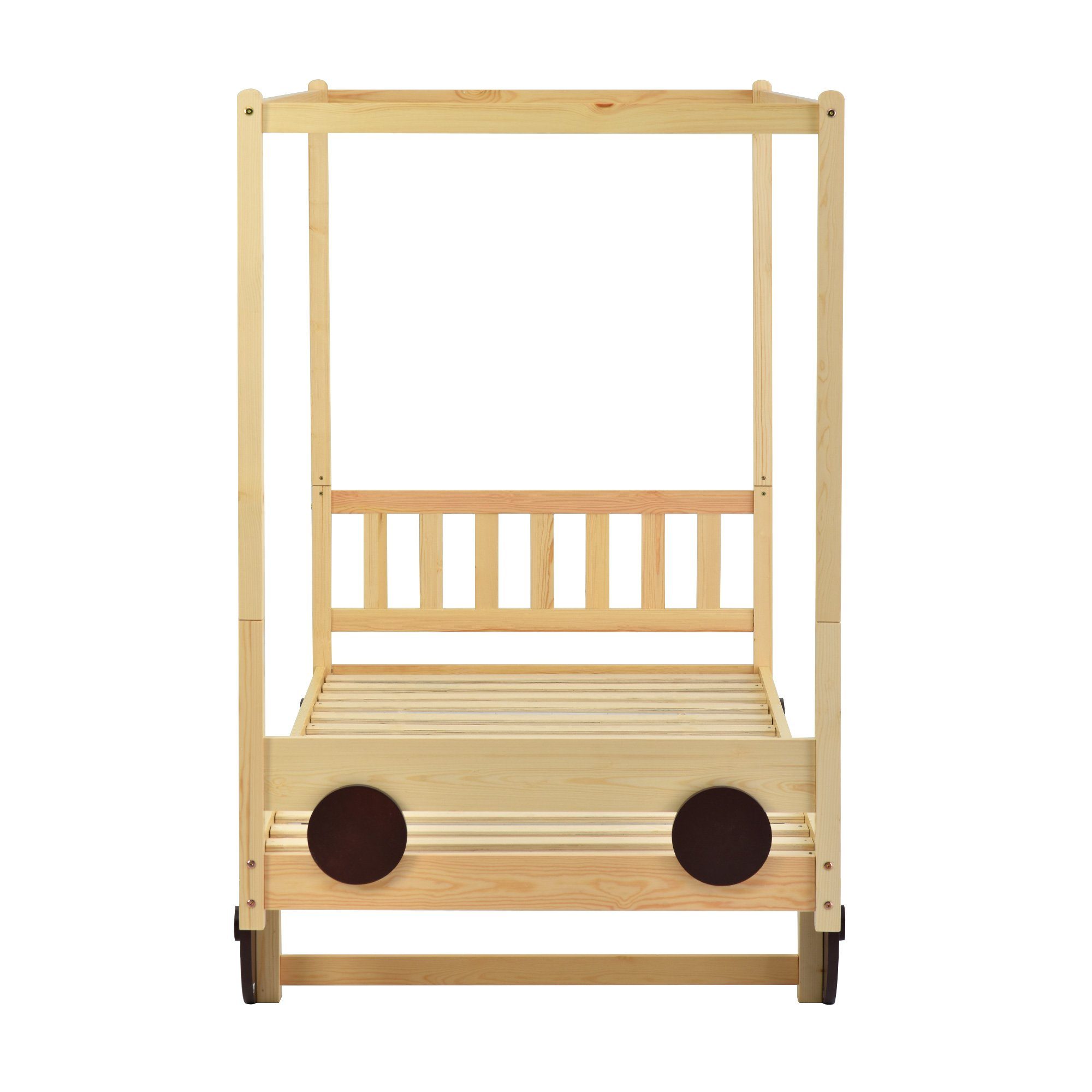 Kinderbett (mit MDF-Rädern und abnehmbare Rahmen), Einzelbett mit Lattenrost, massivem Kiefernholz, 90x200