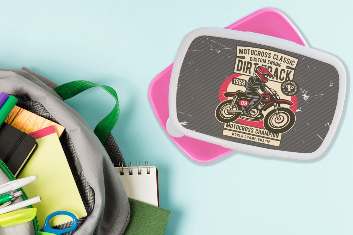 - rosa für Retro - Motorrad - Kinder, Brotdose Kunststoff Snackbox, Helm Kunststoff, Brotbox Mädchen, Lunchbox (2-tlg), Erwachsene, MuchoWow Zeichnung,