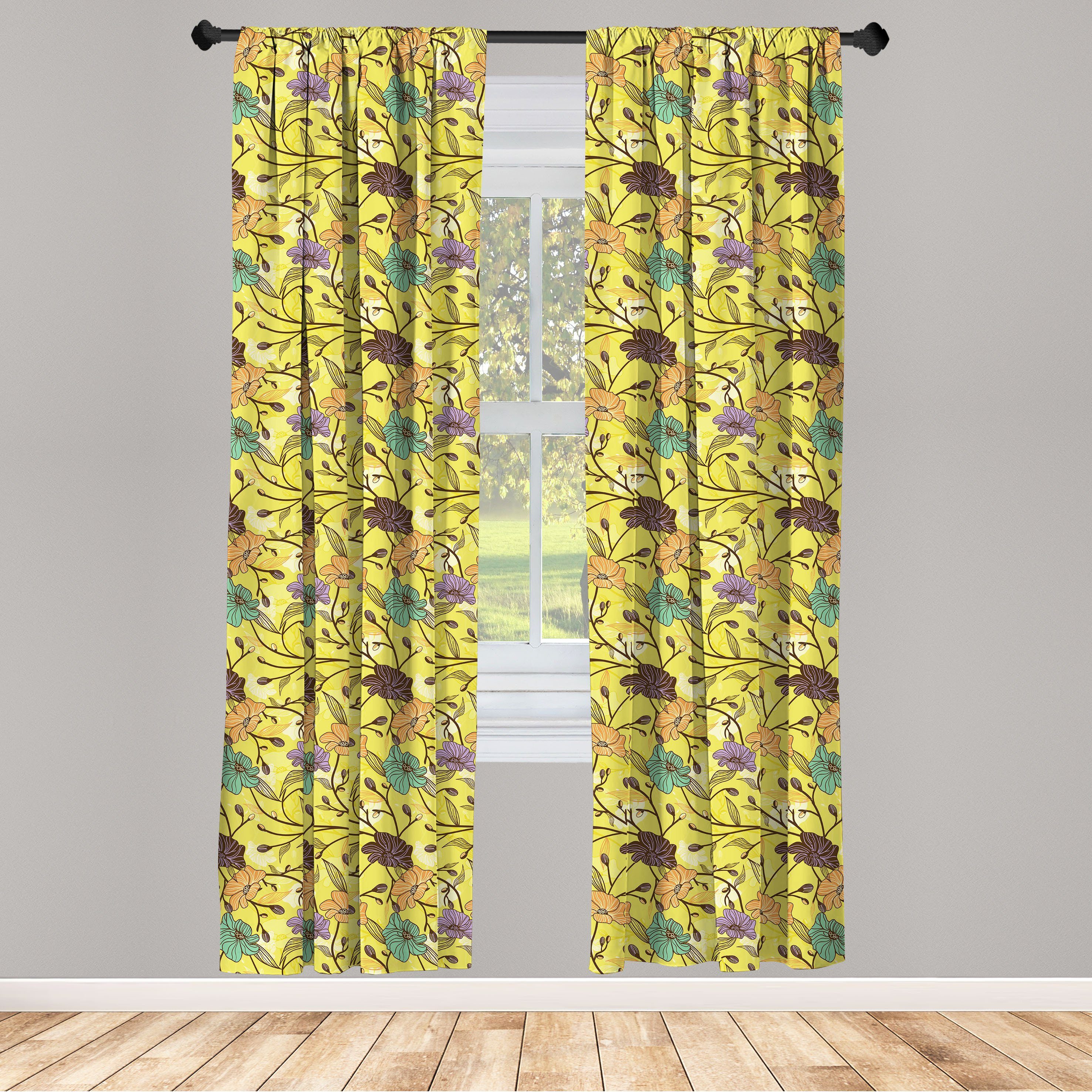 Gardine Vorhang Dekor, Floral Rural Schlafzimmer Microfaser, Abakuhaus, Botanisch Woodland Wohnzimmer für