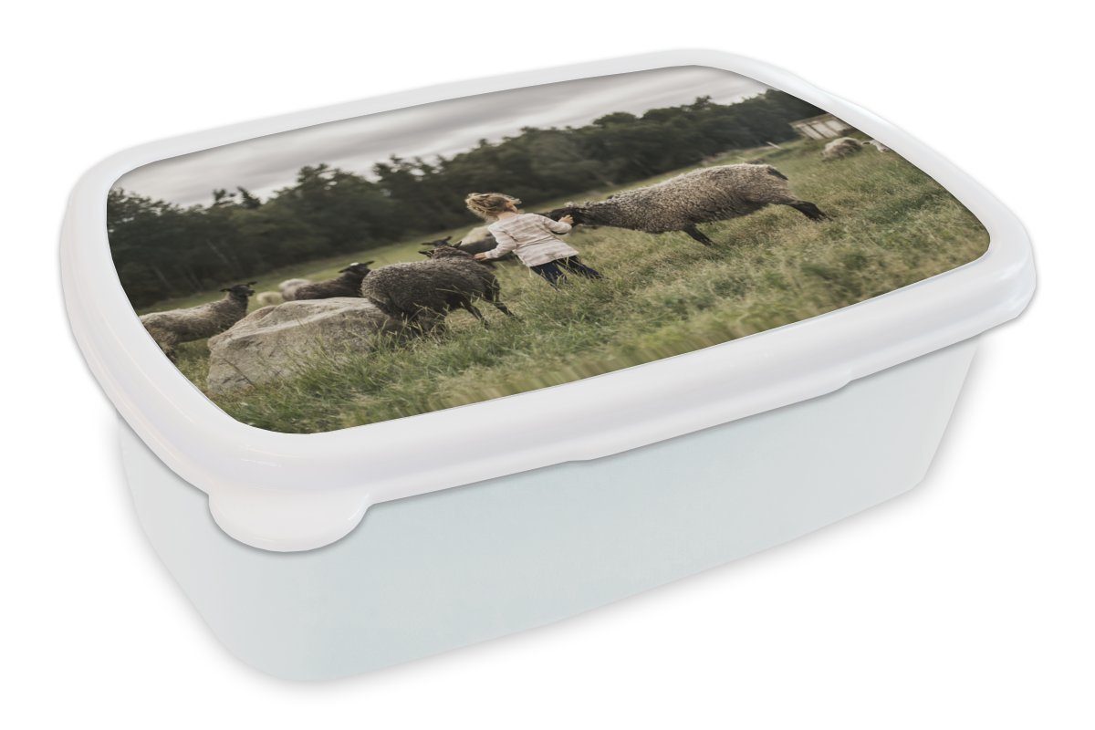 MuchoWow Lunchbox Mädchen - Brotdose, für und Brotbox Mädchen Erwachsene, - für Kunststoff, und weiß Schaf Gras, Jungs (2-tlg), Kinder