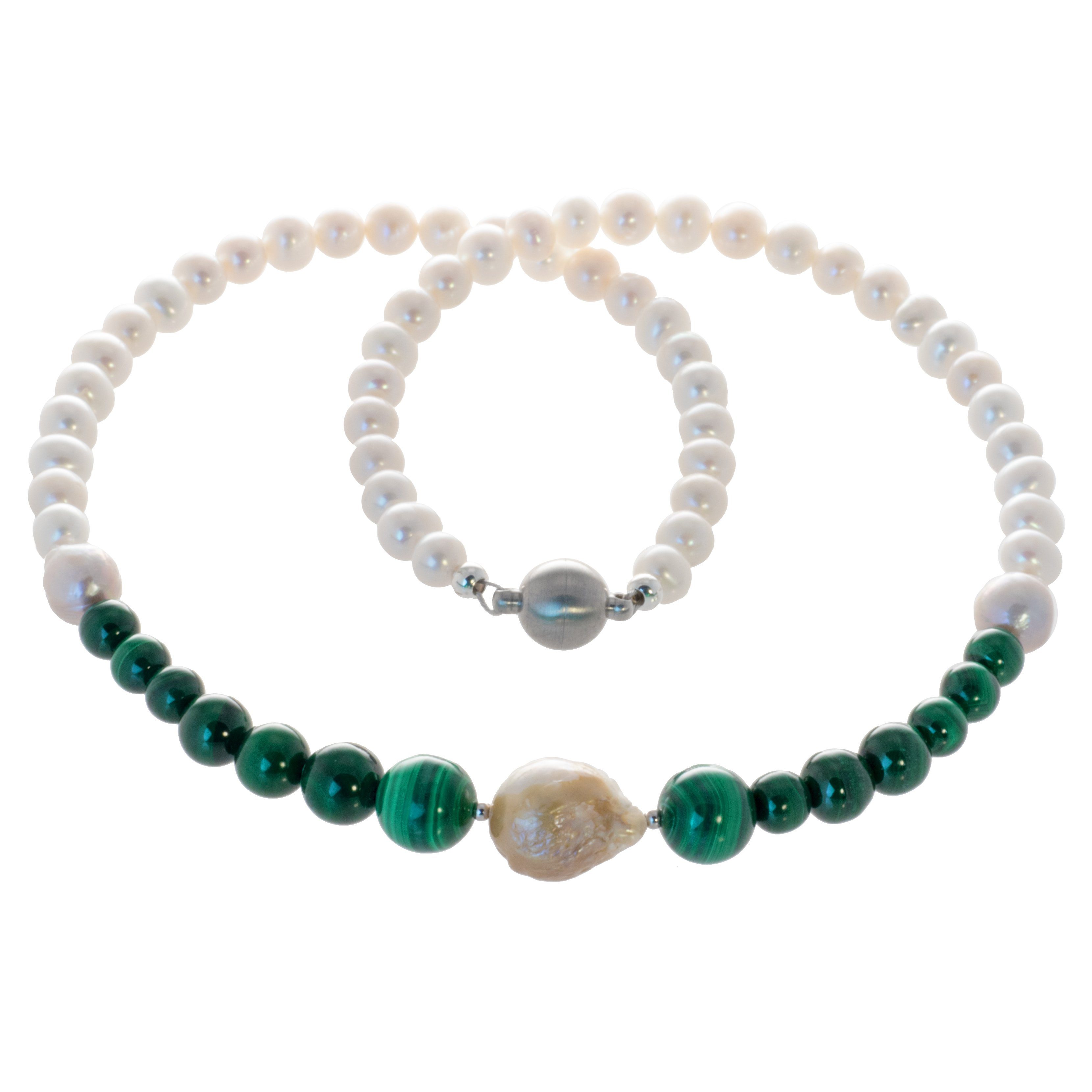 Damen Schmuck Bella Carina Perlenkette Malachit und Süßwasser Perlen, Süßwasser Perlen und Malachit