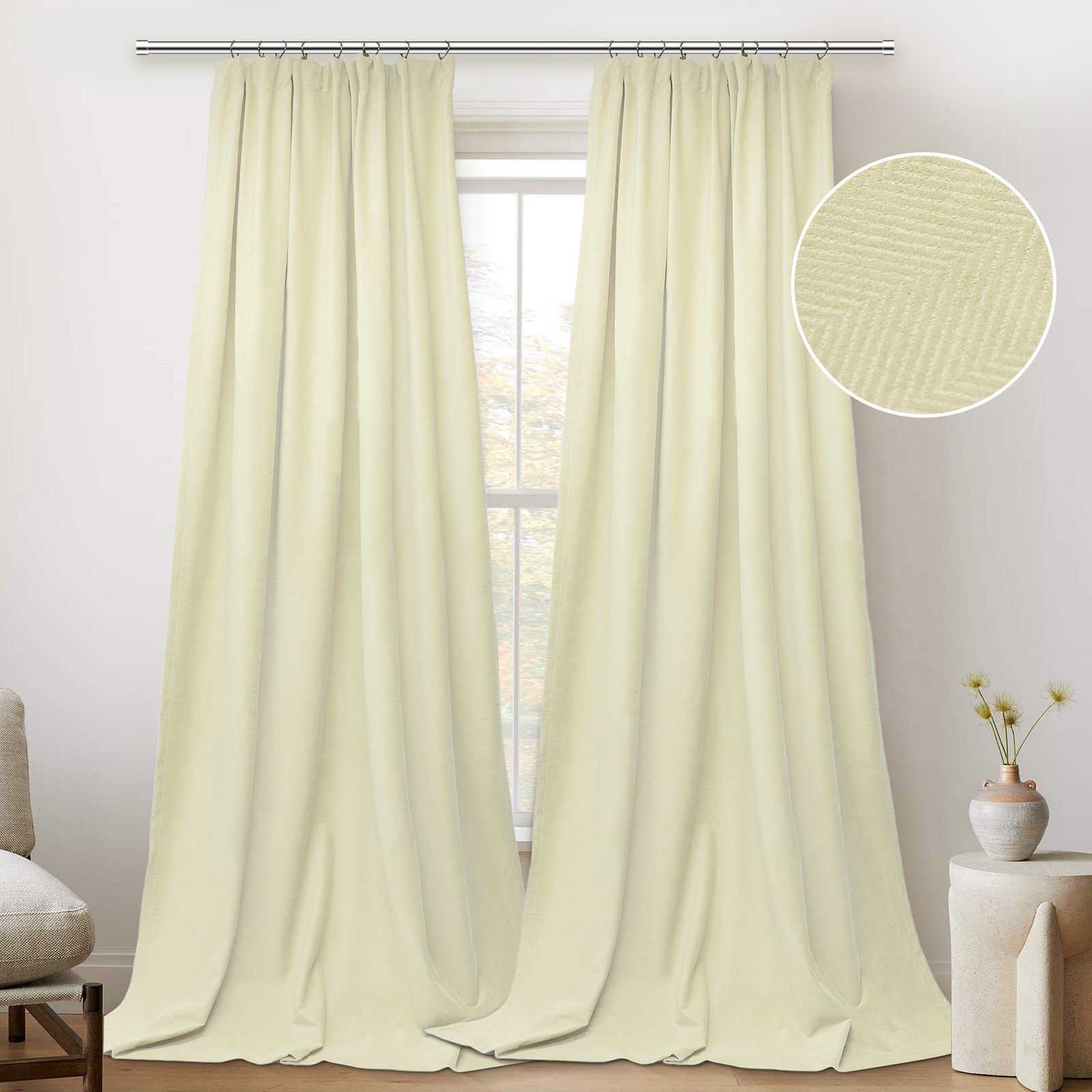 Vorhang nach Maß Samtvorhang Blickdicht Thermogardine,Vorhang blickdicht, BTTO, (2 St), Lichtschutz, Geprägte geometrische Muster, Elegant Glatt Einfarbig Flauschig Modern Klassisch, Mehrere Aufhängeoptionen Beige