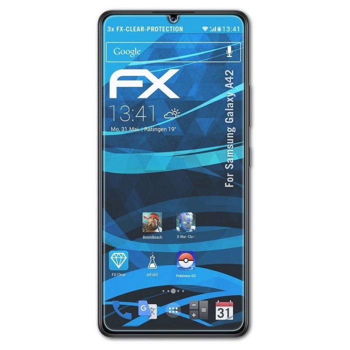 atFoliX Schutzfolie Displayschutz für Samsung Galaxy A42 (3 Folien) Ultraklar und hartbeschichtet