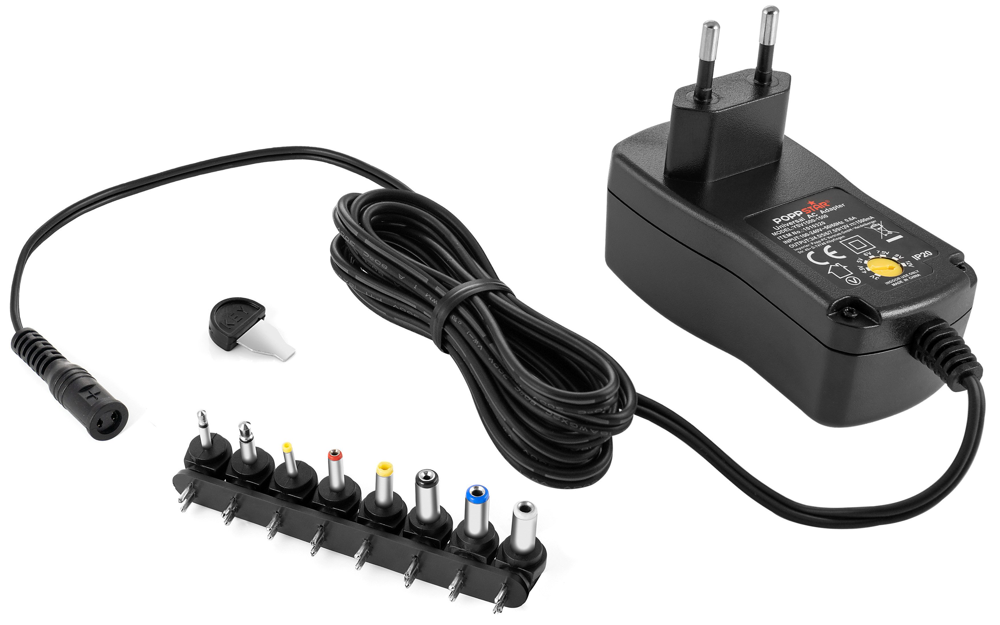 Poppstar Universal-Netzteil Universal-Netzteil (Output 3V 4,5V 5V 6V 7,5V 9V 12V DC 1,5A + 8 Stecker)