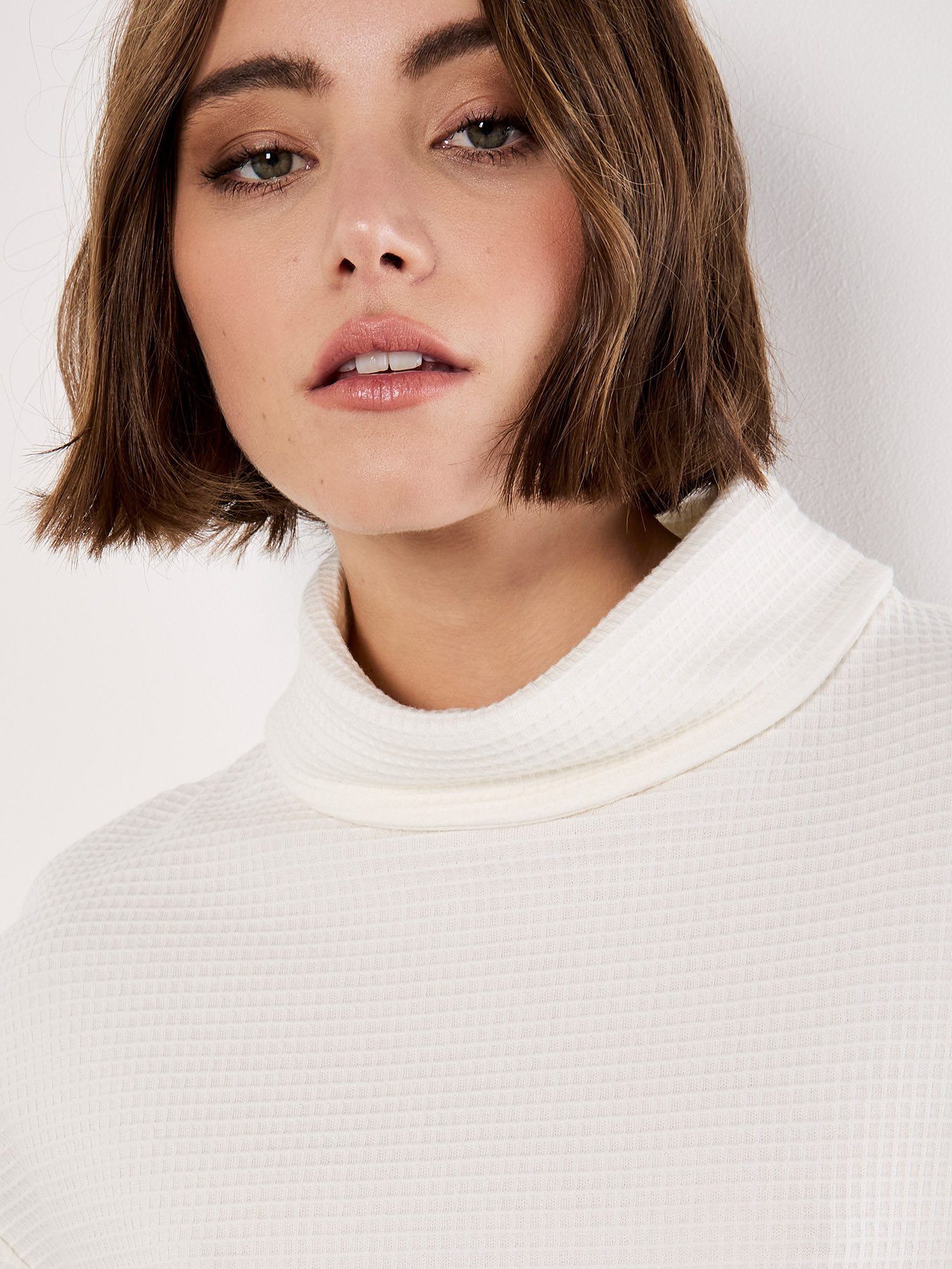 Apricot Rollkragenshirt Waffelstrick-T-Shirt mit Stehkragen