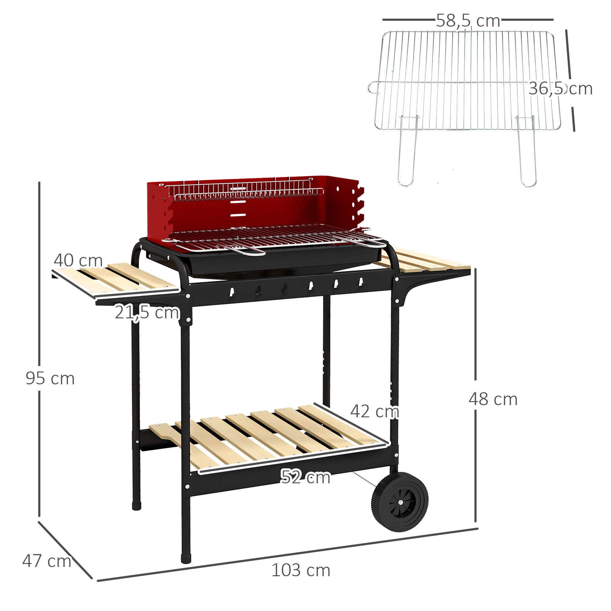 Outsunny Holzkohlegrill aus Metall mit Räder, höheverstellbar Grillrost, Kohlegrill, BBQ Smoker, fahrbar Grillwagen, für Barbeque Camping, Terrasse, 95 x 71,5 x 102 cm