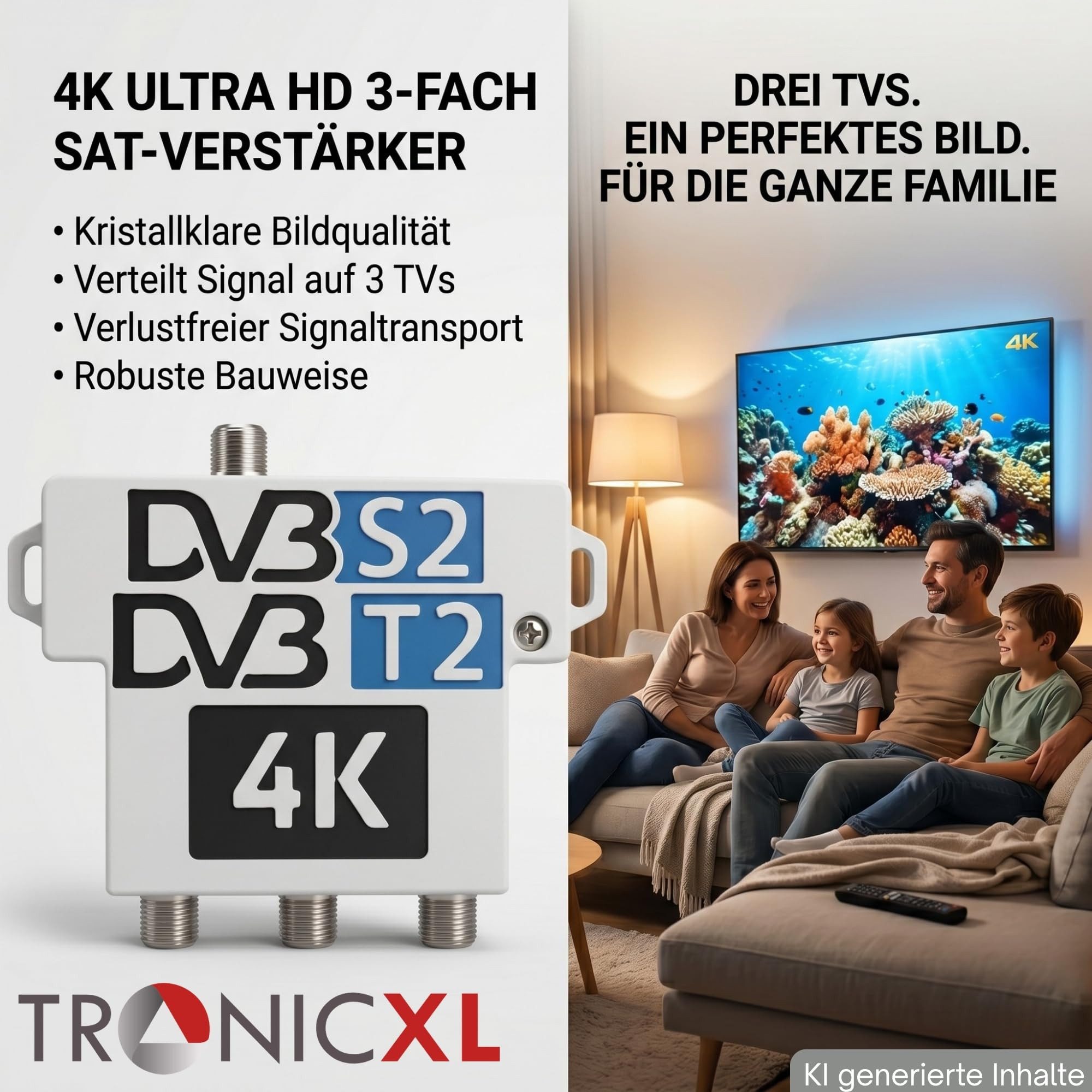 TronicXL 3-fach Verstärker Sat Splitter verteiler DVB-S2 DVB-T2 Antenne DVBT Leistungsverstärker (Antennenverstärker Antennenverteiler) – Bild 3 von 5