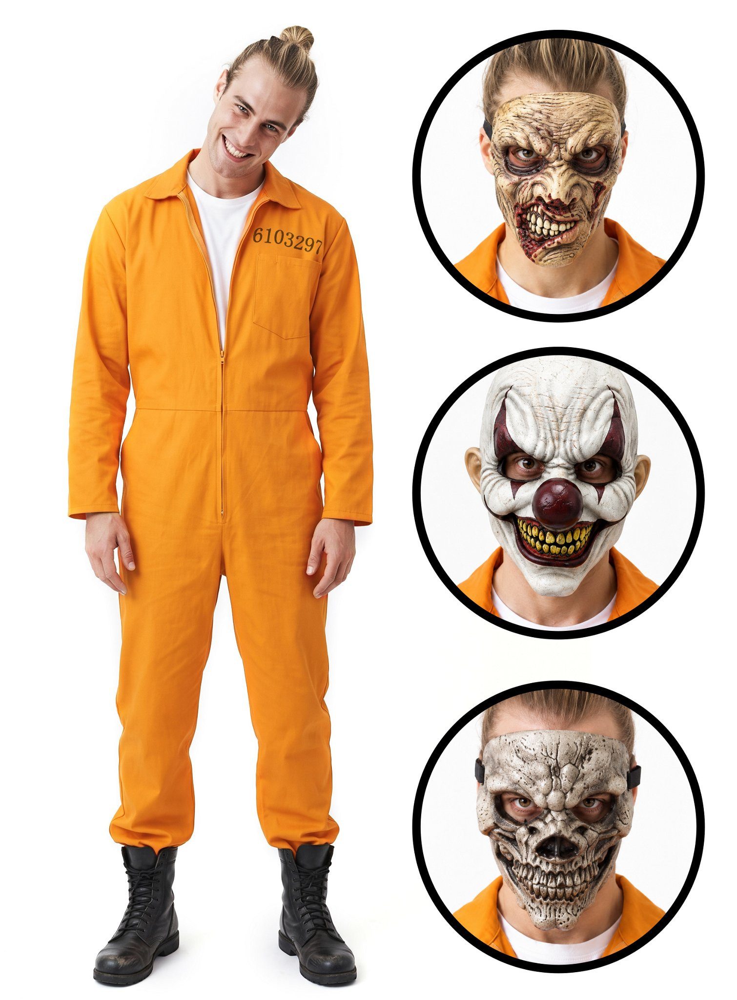 Maskworld Clown-Kostüm Häftling Gefangener Clown Overall Halloween Kostüm, Das gruselige Knastkiller Halloween Kostüm
