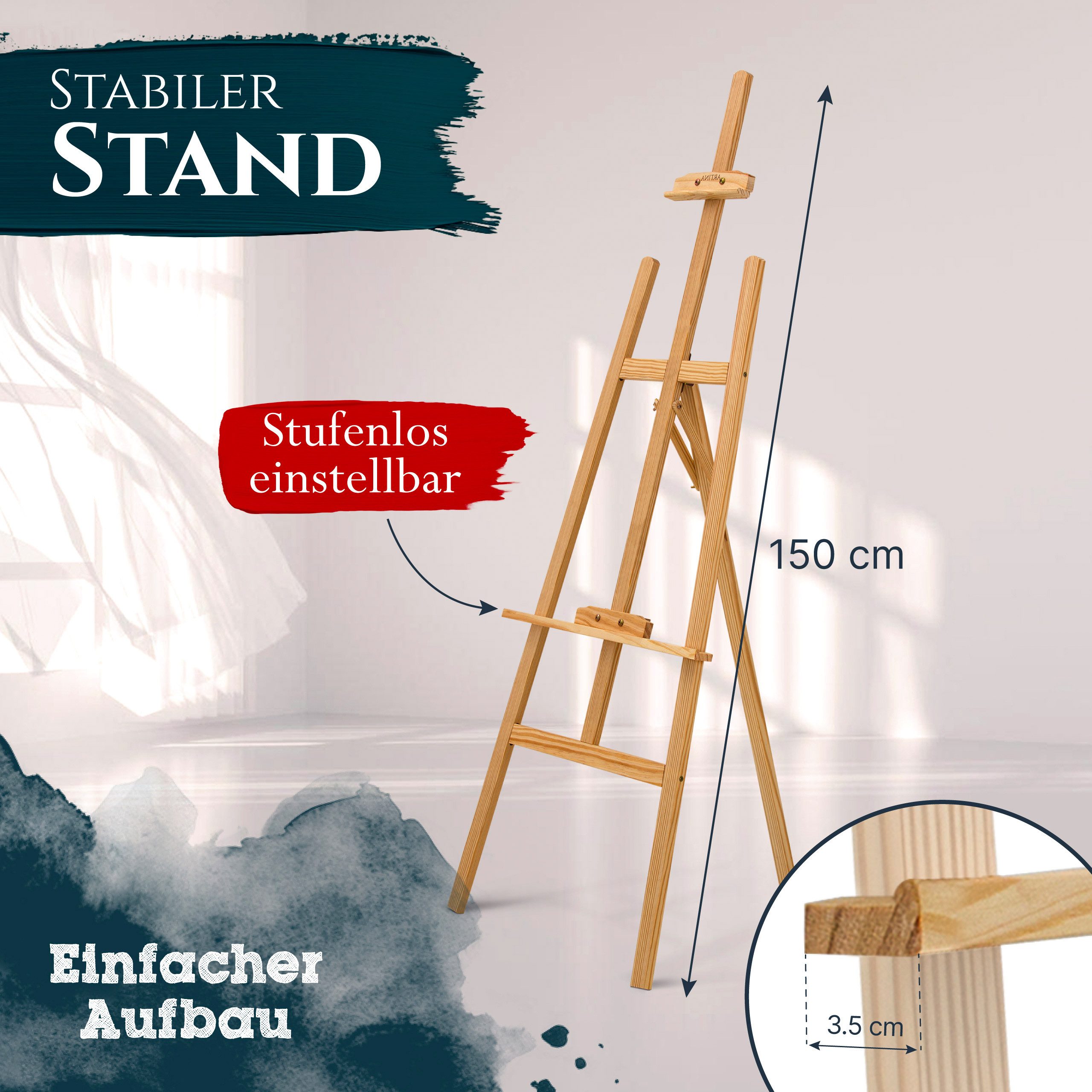 Artina Staffelei Feldstaffelei höhenverstellbar große & kleine Keilrahmen, Staffelei Holz Groß - Kiefernholz 150cm Holzstaffelei Tessin – Bild 4 von 5