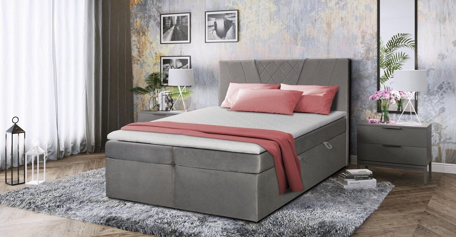 JVmoebel Bett, Doppelbett Polster Bett Grau 180x200 Betten Luxus Design Möbel