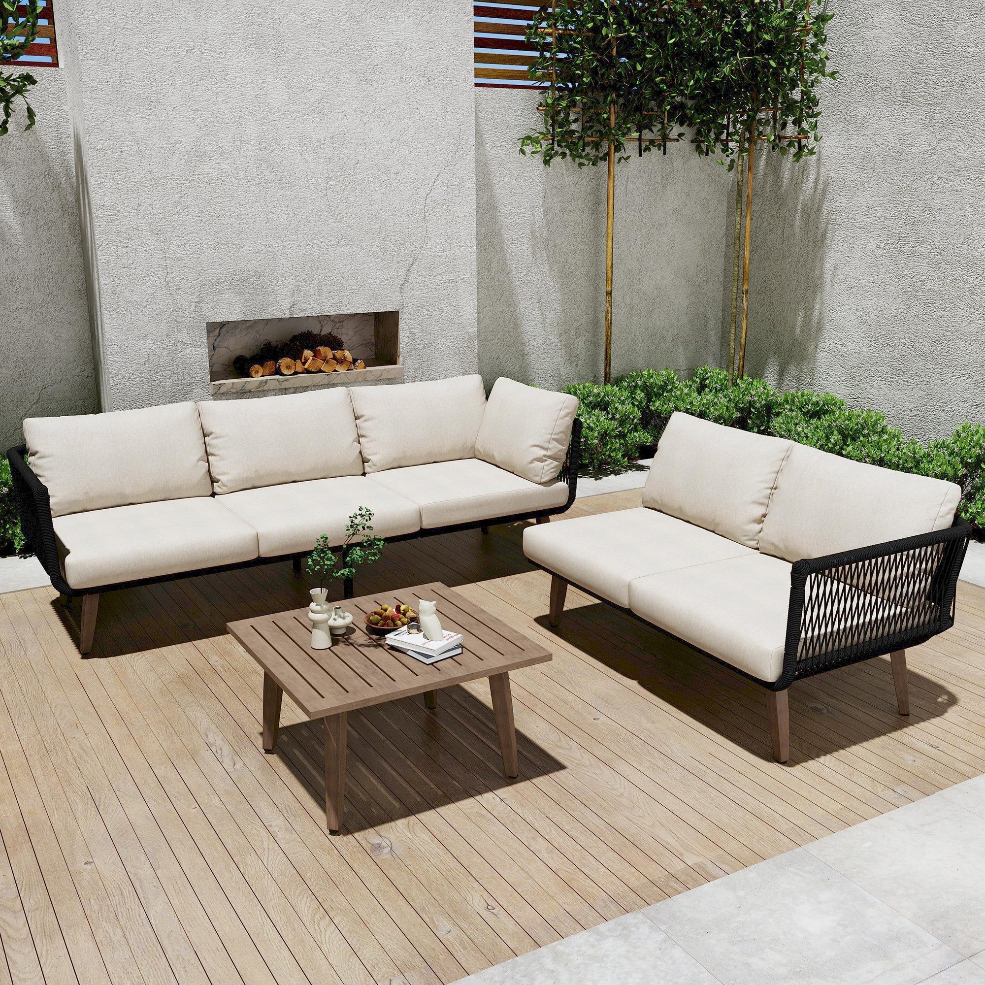 MODFU Gartenlounge-Set Outdoor Möbel-Set – Sofa mit Couchtisch, (Garten-Lounge-Set, Gartenmöbel-Set, Outdoor-Sofa-Set, Balkonset, 3-tlg., aus verzinktem Stahl, UV-beständig, korrosionssicher), bequem für Familien und Gäste
