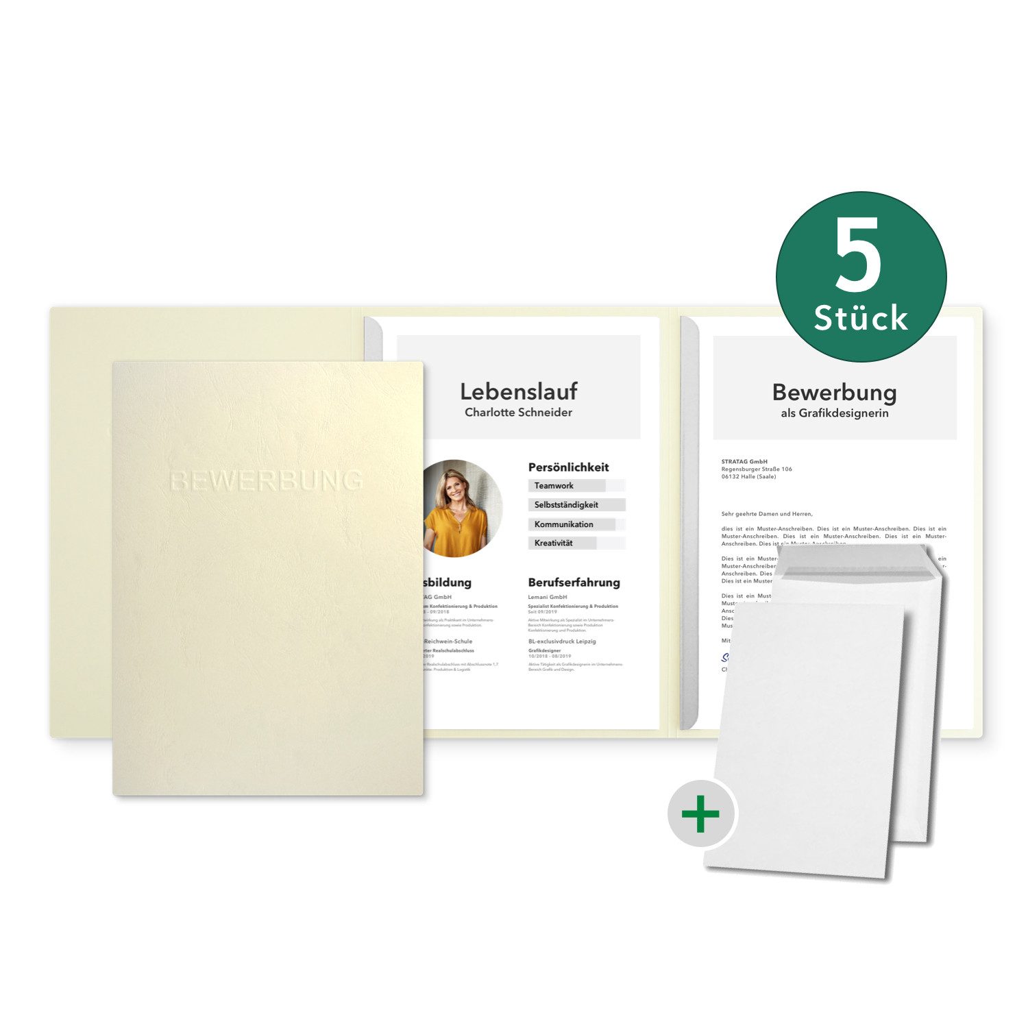 STRATAG Bewerbungsmappe Lederstruktur - 5 Stück 3-tlg mit 2 Klemmschienen & B4 Versandtaschen (Set, 5-St., mit hochwertiger Relief-Prägung BEWERBUNG), direkt vom Hersteller STRATAG - handgefertigt in Deutschland