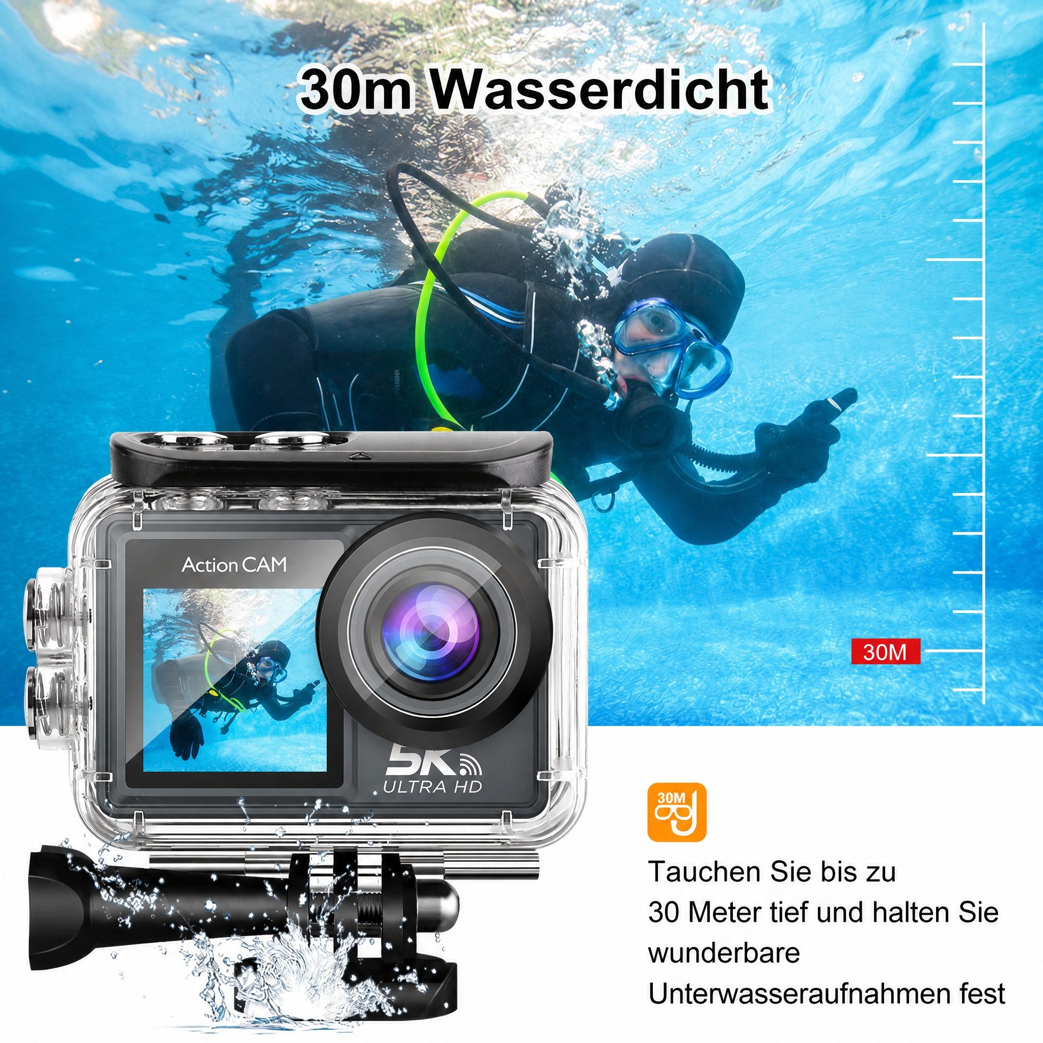 Blossom 5K 50MP Unterwasserkamera 30M Wasserdicht 2 Screen WiFi Sport Kamera Action Cam (WIFI, Action Kamera mit EIS Stabilisierung 4K Bodycam für Outdoor Familien)