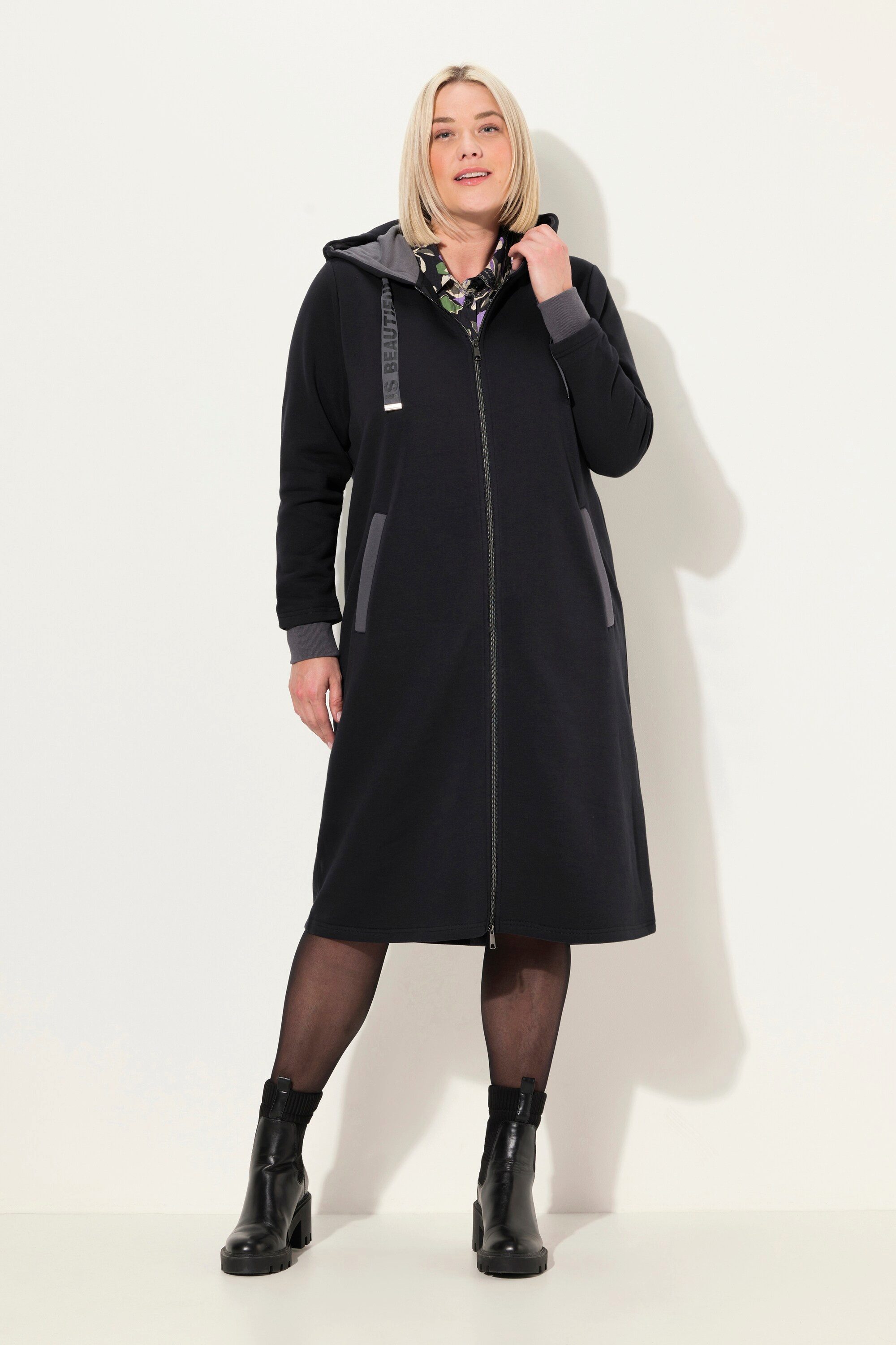 Ulla Popken Langjacke Long-Sweatjacke Kapuze 2-Wege-Zipper günstig online kaufen