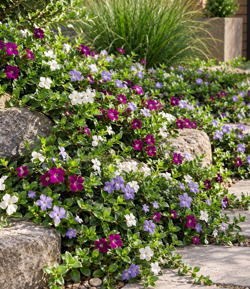BALDUR Garten Staude Vinca Immergrün 3 Farben Bodendecker-Mix, 3 St., Kriechstaude, winterhart, mehrjährig, immergrün, schattengeeignet