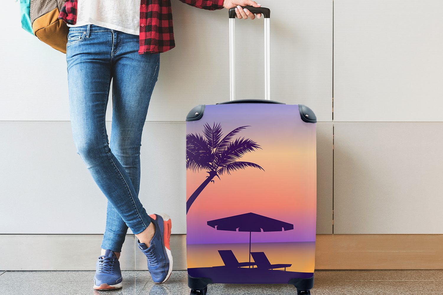 Rollen, Nacht, Ferien, Palme mit 4 Reisetasche MuchoWow Trolley, - für Strandkorb - Sonnenschirm Handgepäck rollen, - Handgepäckkoffer Reisekoffer