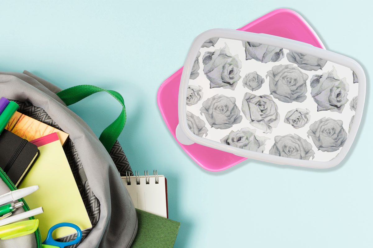 Rosen - Brotdose Muster, Blume Snackbox, Brotbox - Schwarz Kunststoff - Kinder, für Lunchbox MuchoWow Erwachsene, Kunststoff, (2-tlg), und Mädchen, weiß rosa