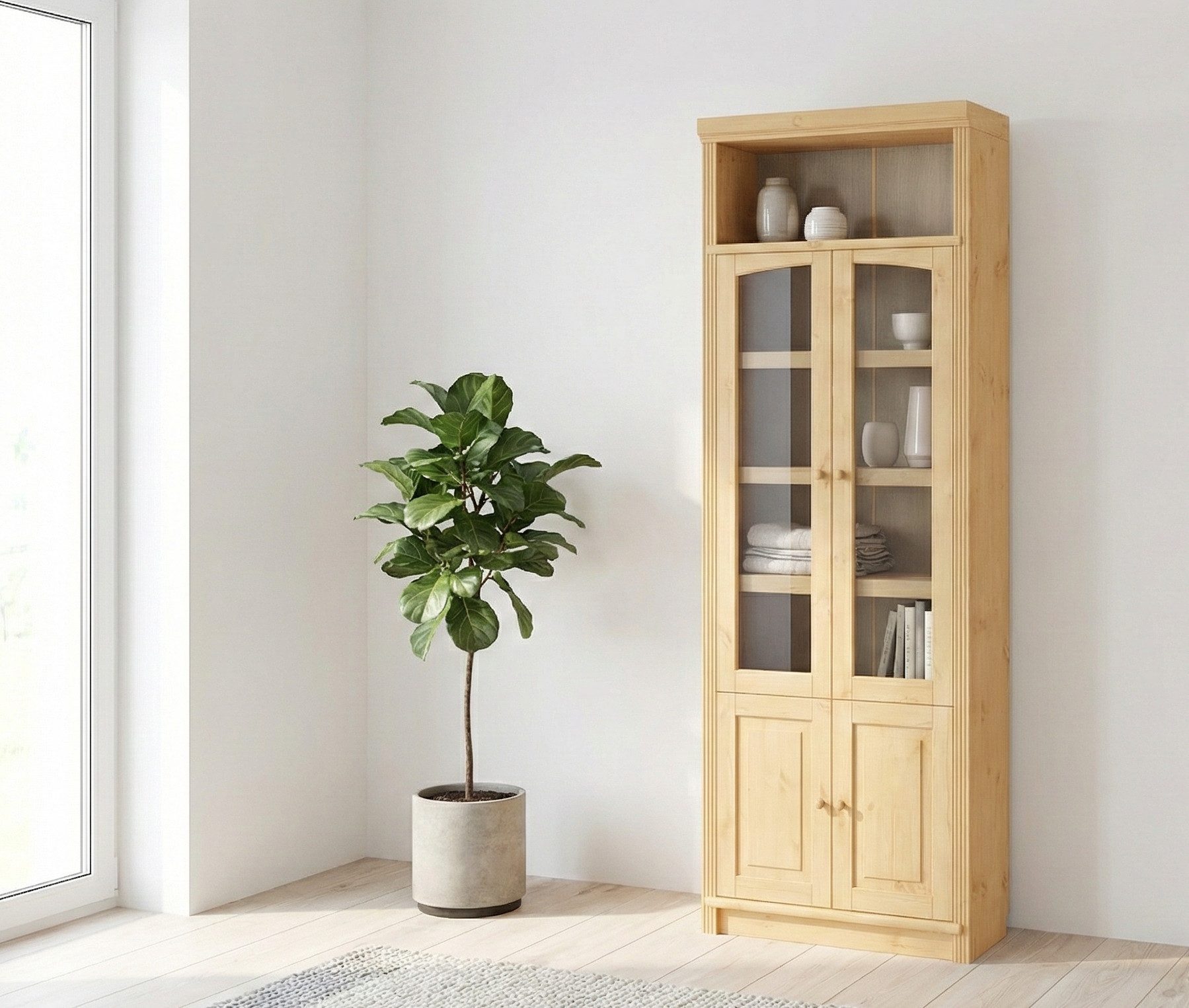 OTTO home Vitrine Soeren Regal mit 2 Glastüren und 2 Holztüren, B/TH: 80/29/220 cm Kiefer FSC®-zertifiziert, 1 offenes Fach, 6 Fächer hinter den Türen