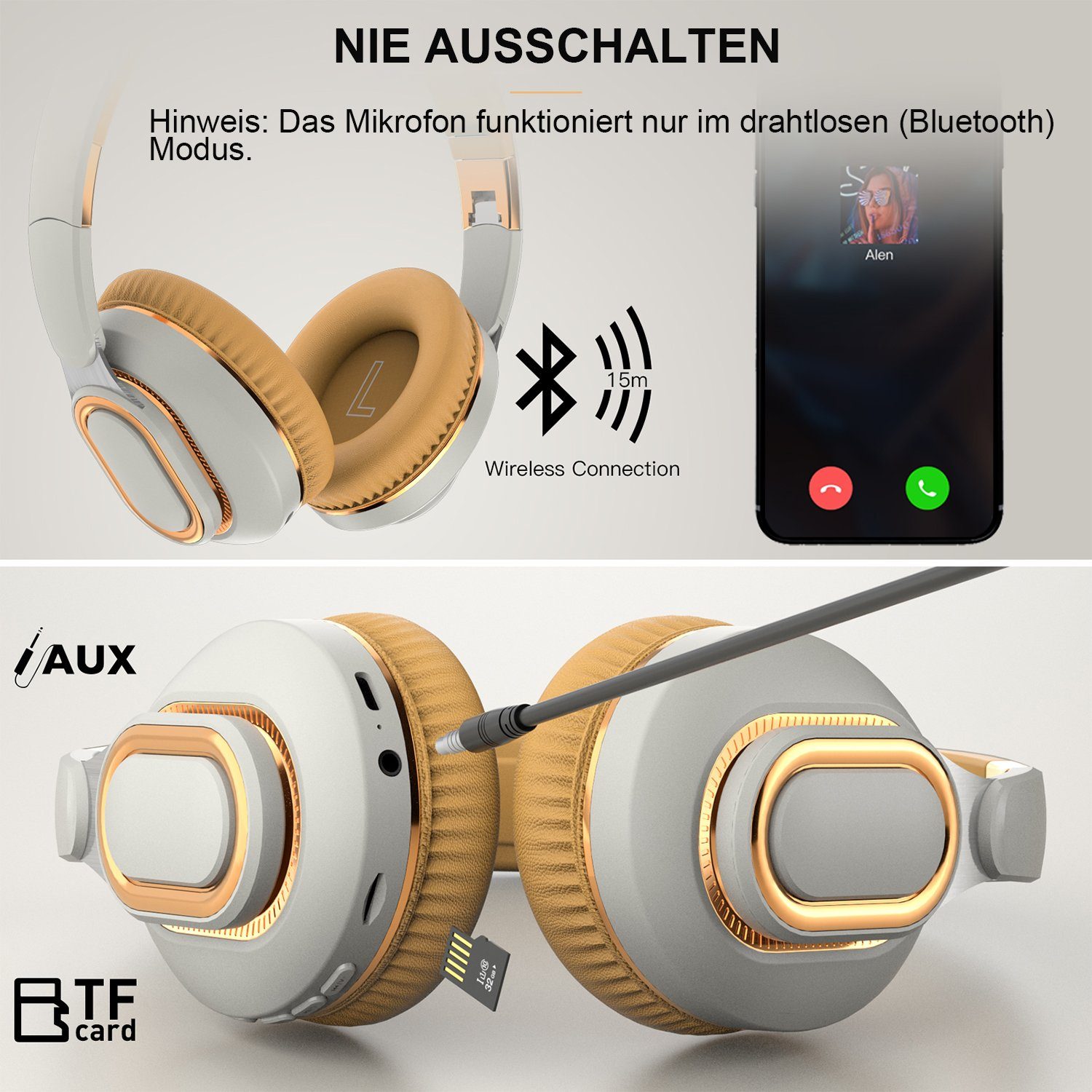 Diida Bluetooth-Headset,Headset Musik, Hellgrau für Kopfhörer 400mAh) Gaming-Headset Over-Ear Funk-Kopfhörer (Kabellose (Funk-Kopfhörer