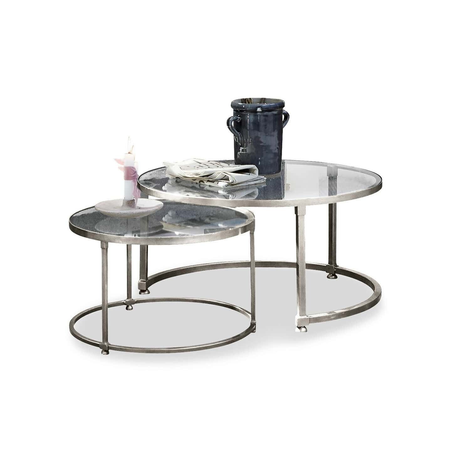 Mirabeau Couchtisch elegantes Sofatisch-Set Kabala aus Eisen & Glas im 2er-Set (2 x Runde Столы, ineinander schiebbares Design, mit Glasplatten), Beistelltisch, großer Tisch: H 35cm, ⌀ 65, kleiner Tisch: H 30cm, ⌀ 49