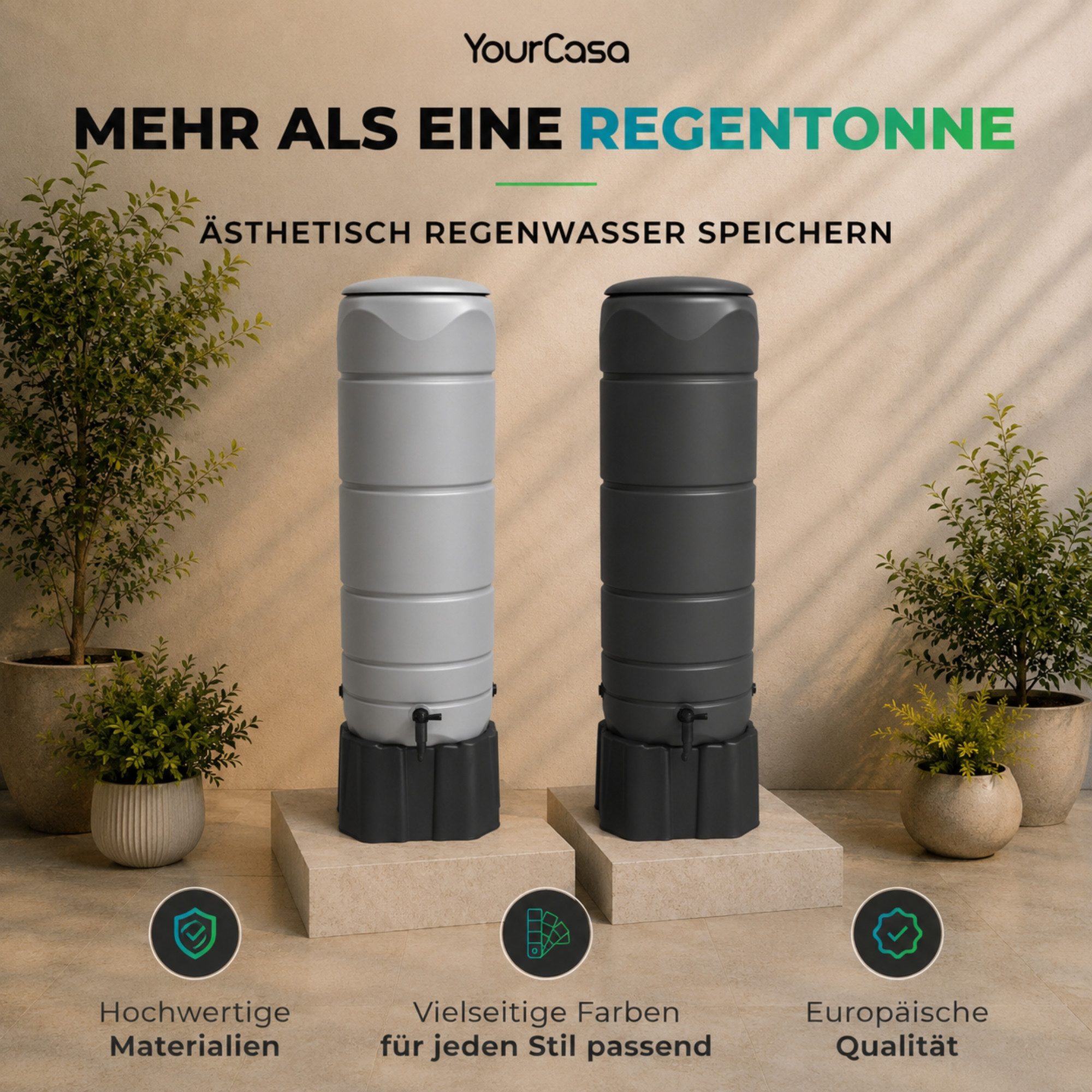 YourCasa Regentonne [CircleTower] 110L mit Standfuss, Deckel & Wasserhahn - Regenfass, Schmal, Inkl. Standfuss 39,6 x 130,3 cm, Wetterfest