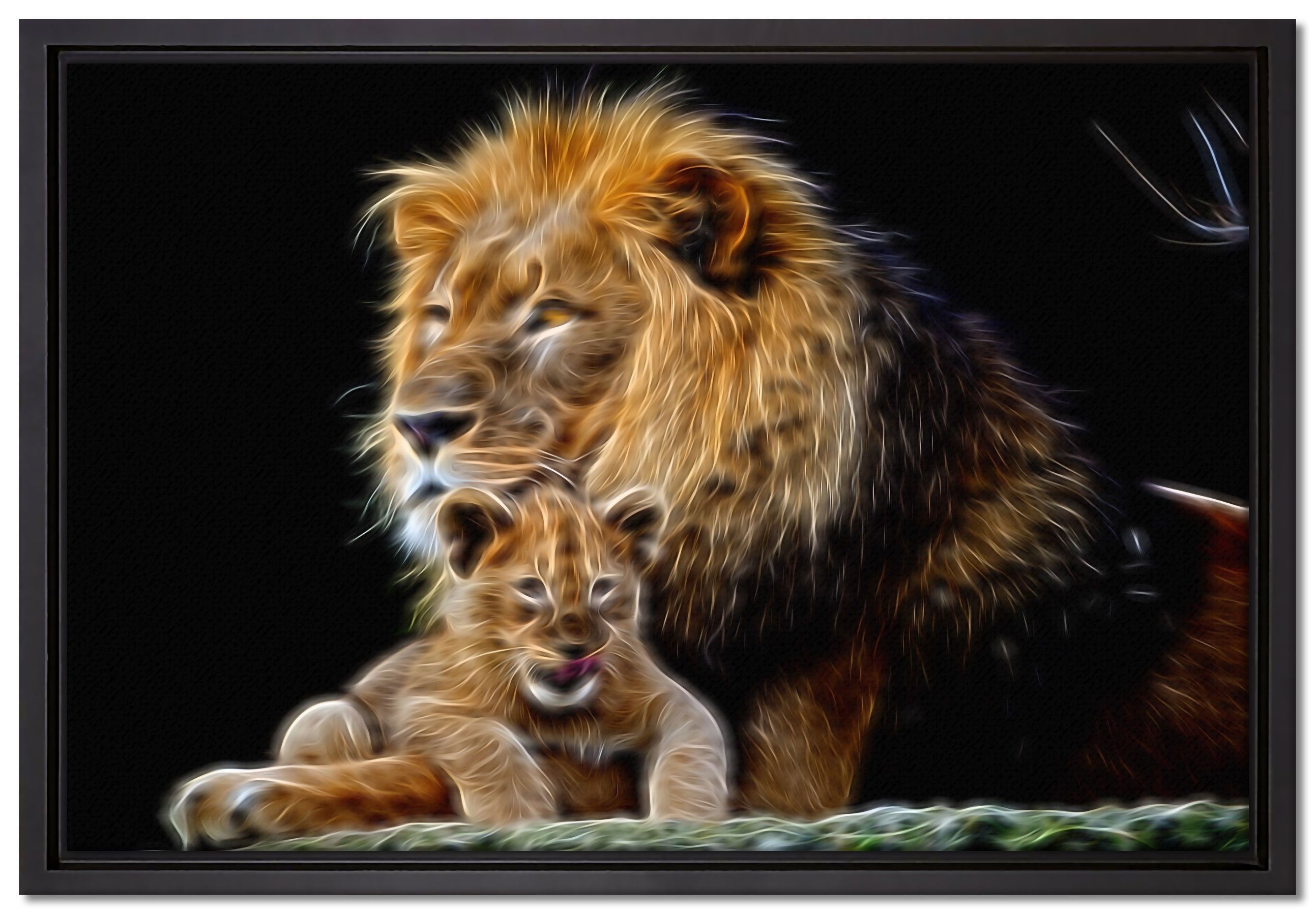 Pixxprint Leinwandbild lieber Löwe mit Jungtier, Wanddekoration (1 St), Leinwandbild fertig bespannt, in einem Schattenfugen-Bilderrahmen gefasst, inkl. Zackenaufhänger
