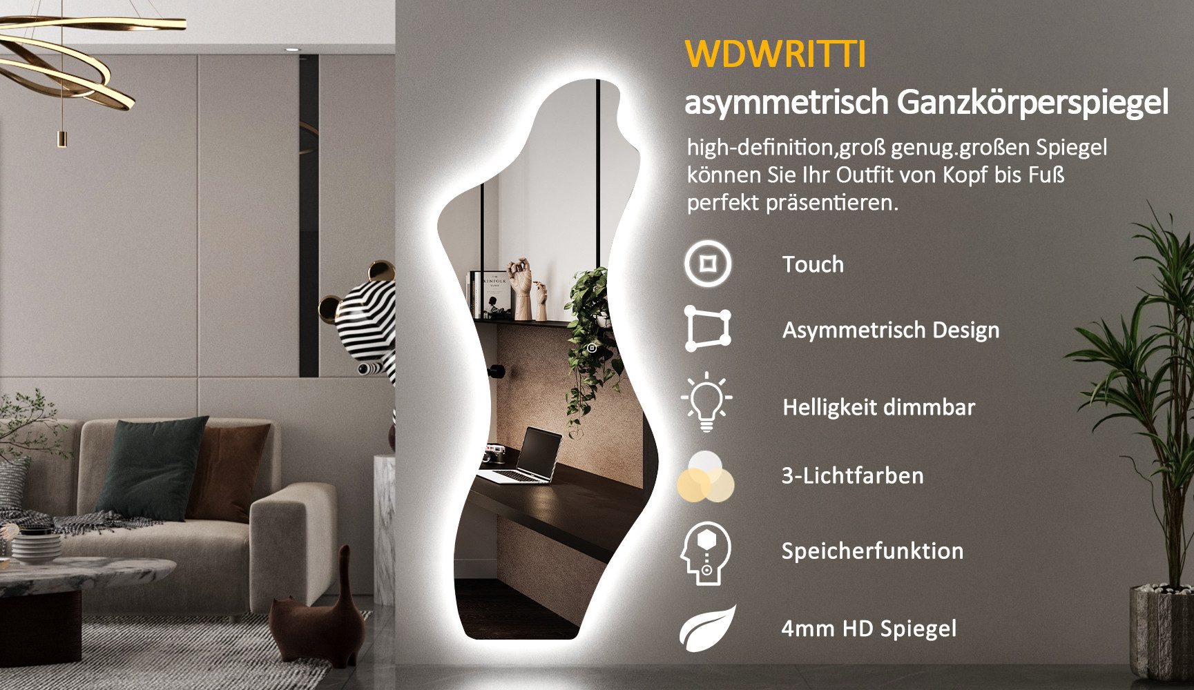 WDWRITTI Spiegel groß für Hotel Friseurladen Hairsalon Beauty Studio Wohnzimmer (Dekospiegel Friseurspiegel Ganzkörperspiegel mit / ohne LED Beleuchtung, 1-St., 180x80, 165x65, 165x60, 145x60cm), Oval, Bogen, asymmetrisch, Frauenfigur, Wassertropfen, Rechteckig