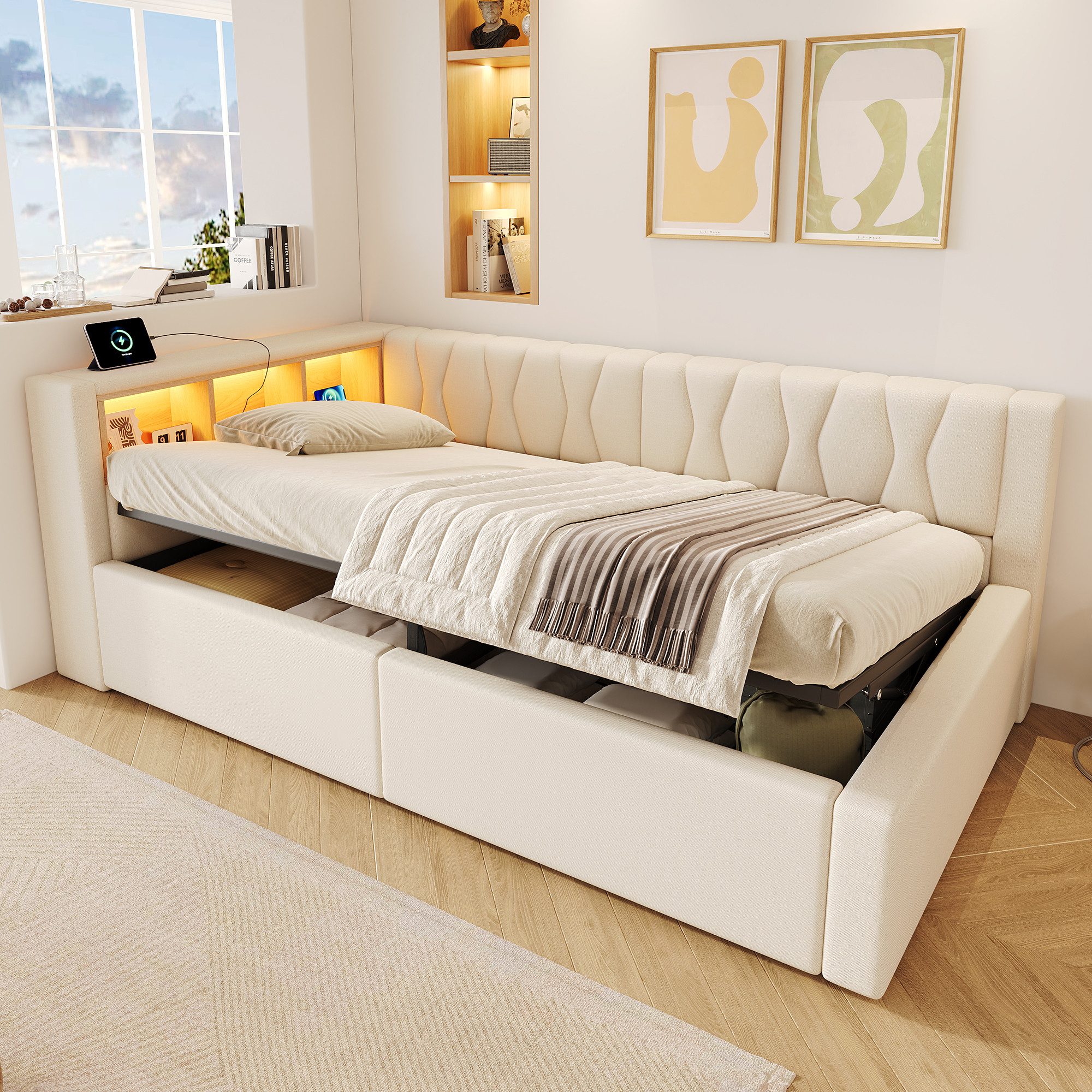 SOFTWEARY Schlafsofa mit RGB LED-Streifen und Stauraum, mit Lattenrost, Regal, Rückenlehne, Aufbewahrung, Type-C und USB, Polsterbett, Einzelbett, Tagesbett, Daybett, 90x200 cm, Leinen