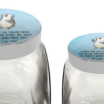 Mr. & Mrs. Panda Vorratsglas L 870ml Pinguin Duschen - Eisblau - Geschenk, Küchenbehälter, Vorrats, Premium Glas, (1-tlg), Vielseitig einsetzbar