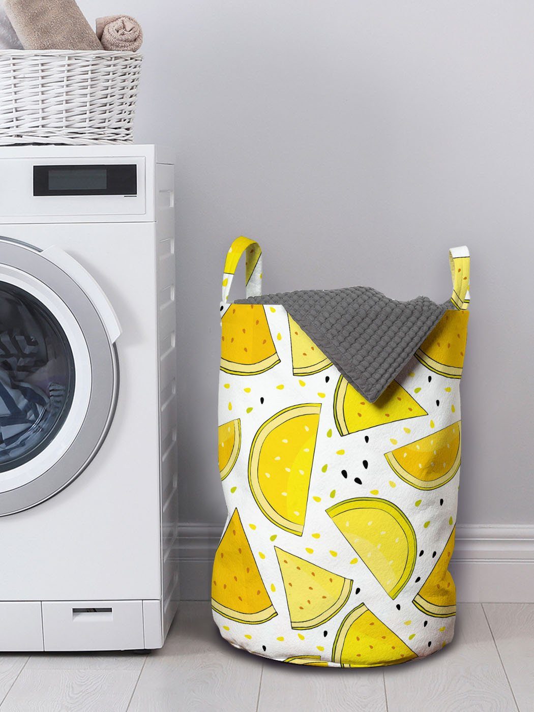 Waschsalons, Abakuhaus Wäschekorb für Melone mit Griffen Kordelzugverschluss Wäschesäckchen Gelbe Scheiben Farbpalette