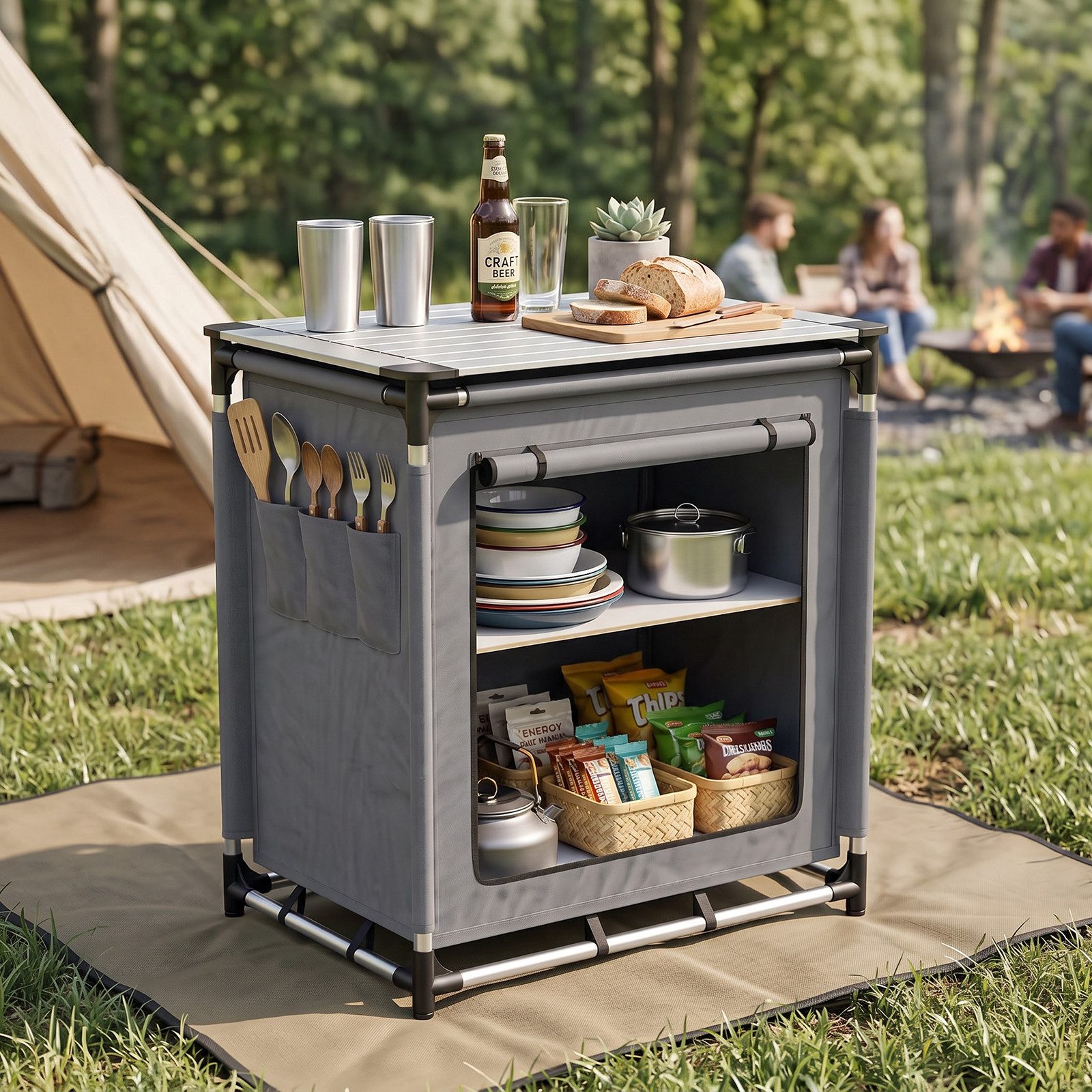 Sekey Campingschrank Faltbar Campingküche mit Aluminiumgestell und Aluminium-Arbeitsplatte Campingtisch mit 2 Fächern, leicht transportierbarer Reiseküche – Bild 3 von 5