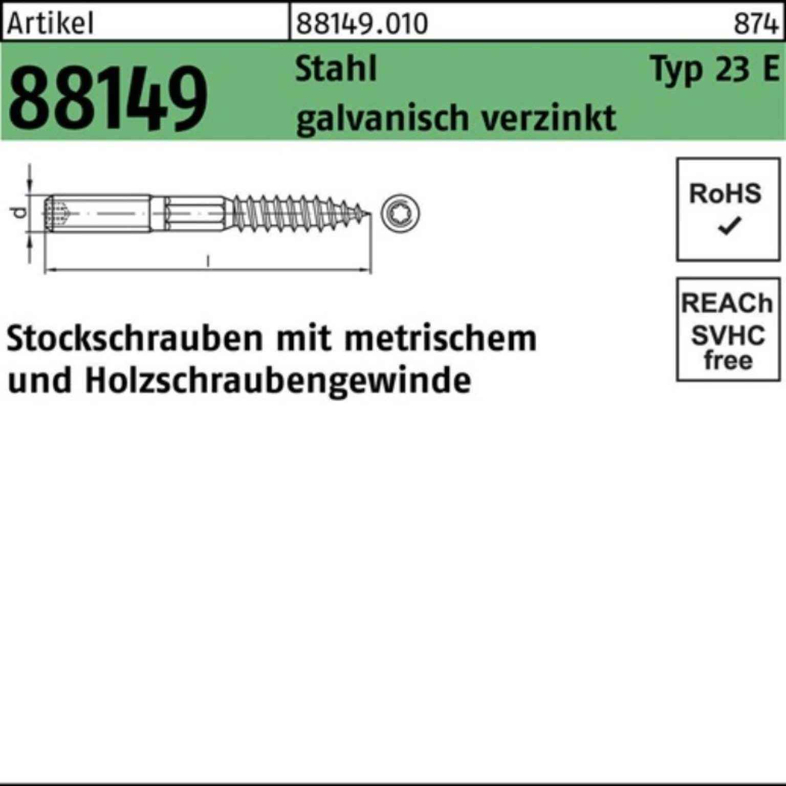 Reyher Stockschraube 100er Pack Stockschraube R 88149 Typ 23 E M6x 100 Stahl galv.verz. 100