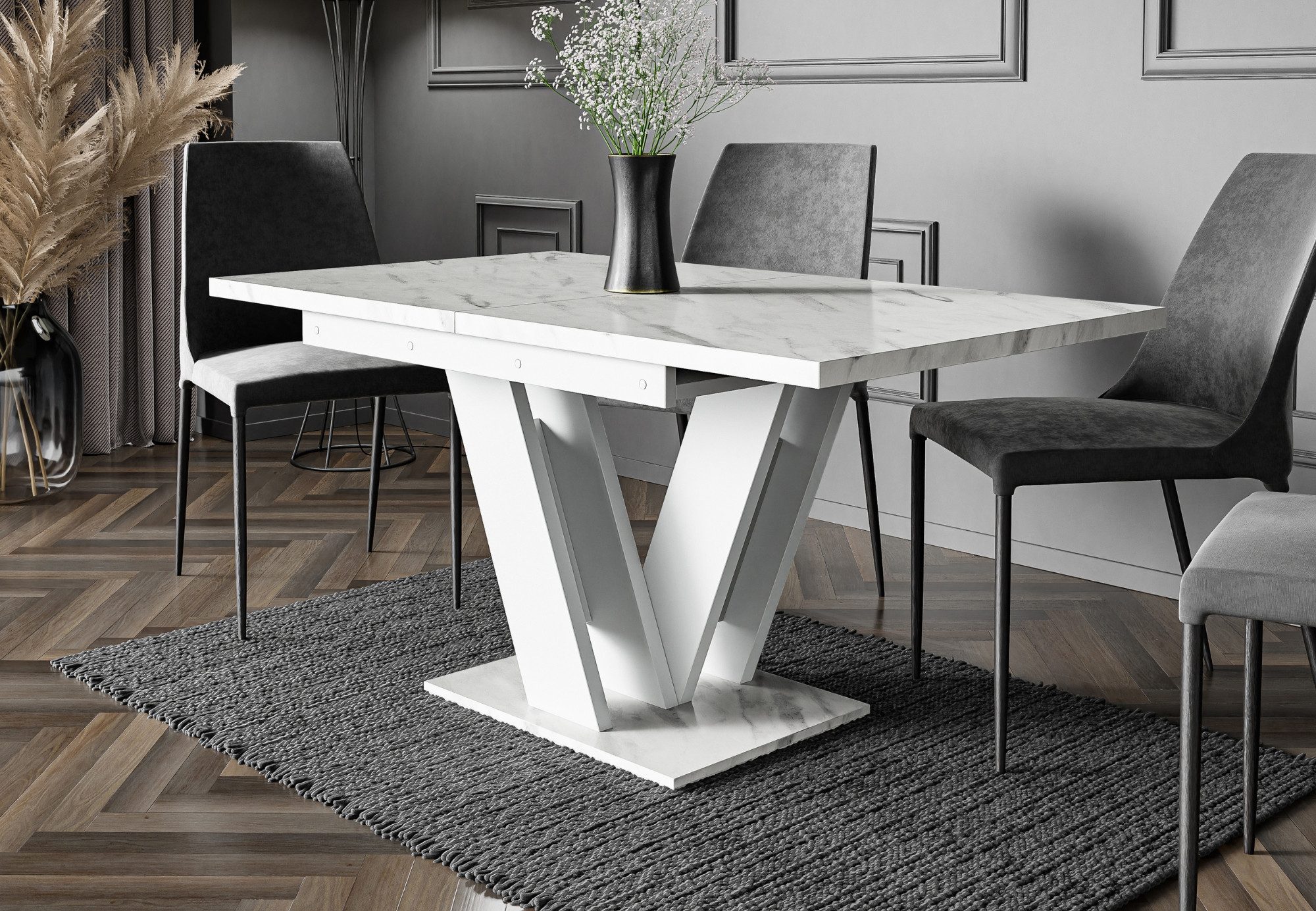 Home Collective Esstisch ausziehbar Tisch Küchentisch Esszimmertisch Ausziehtisch (Esszimmer Küche Wohnzimmer Esstisch erweiterbar), modernes Design mit V-Gestell, 120-160x80 cm Weiß Marmor-Optik